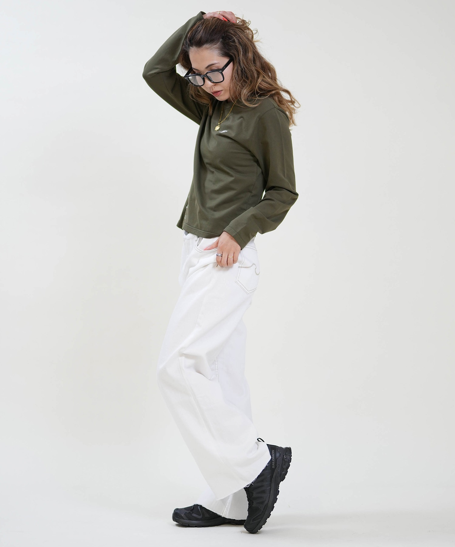 RIKKA FEMME リッカファム 長袖 Tシャツ ロンT レディース ワンポイント ロゴ リングドットボタン RF6F-2201(BLK-SM)