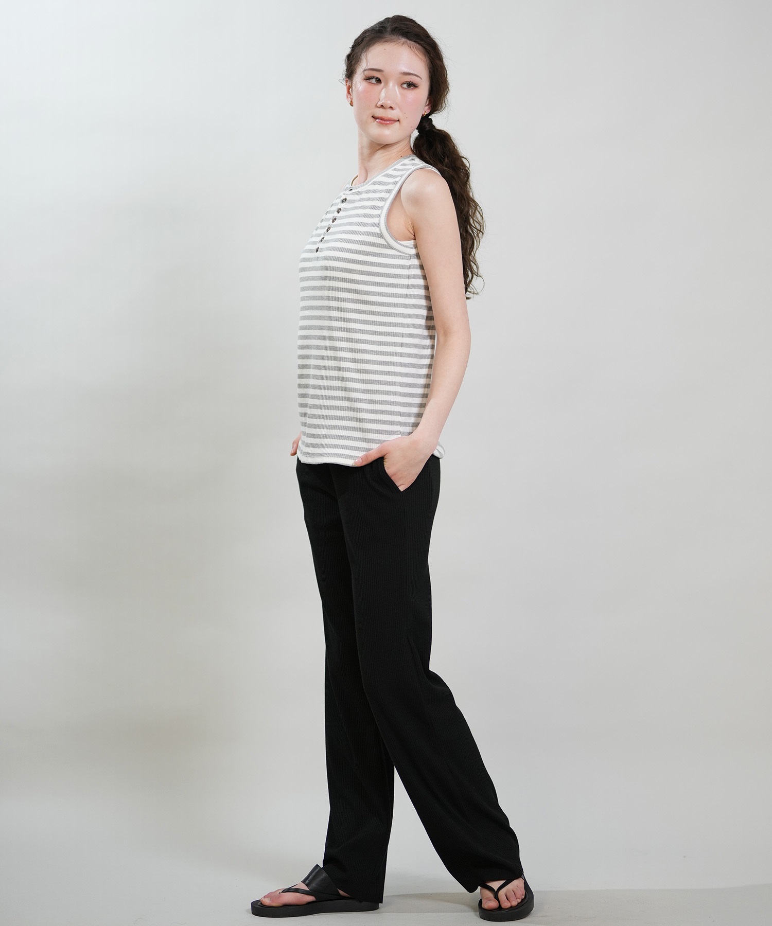 RIKKA FEMME リッカファム タンクトップ レディース ボーダー リブ ヘンリータンクトップ RF6S-2301(BR/NV-FREE)