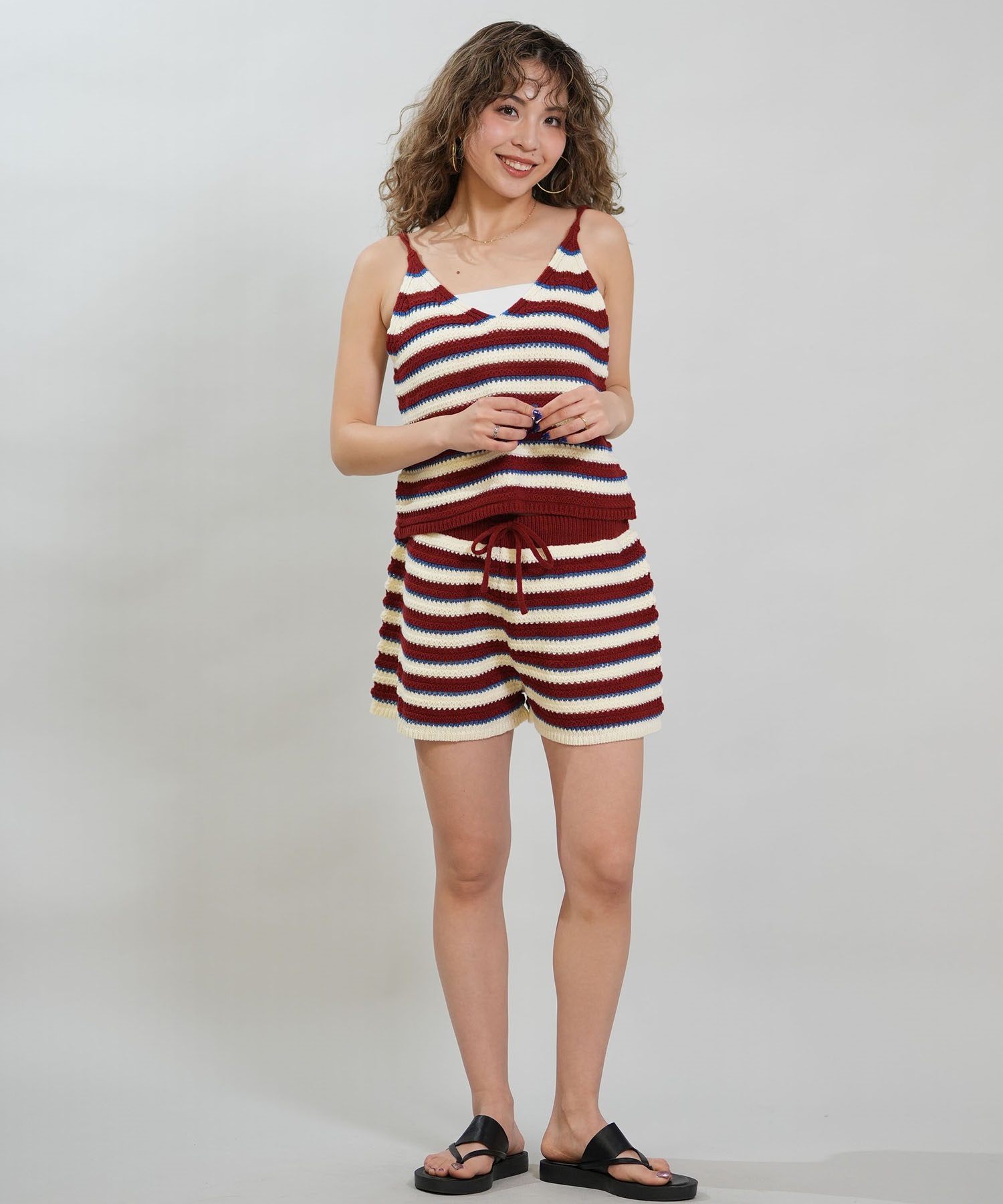 RIKKA FEMME リッカファム キャミソール レディース ニットキャミ ボーダー かぎ針編み セットアップ対応 RF6S-2303(BLU-FREE)