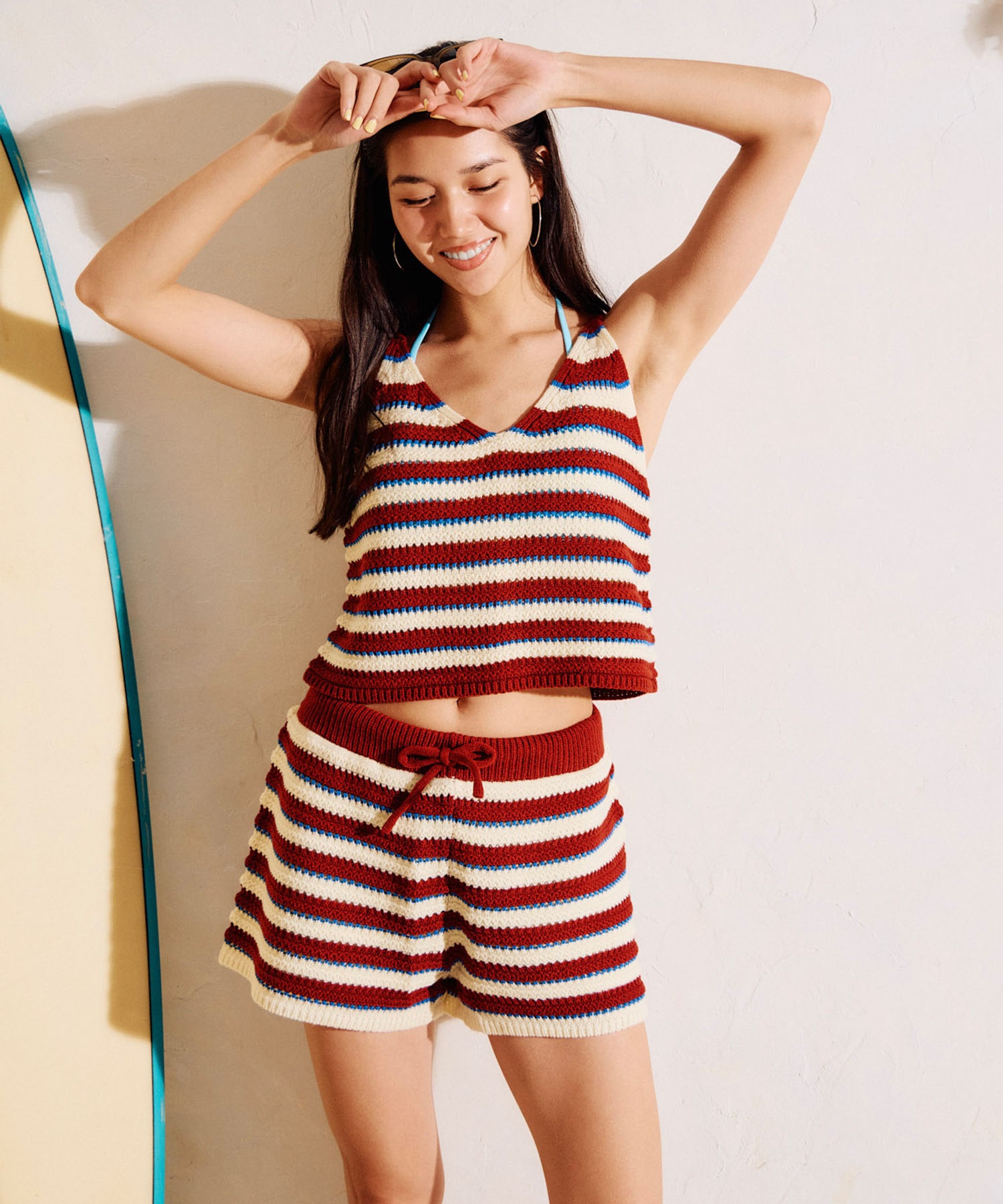 RIKKA FEMME リッカファム キャミソール レディース ニットキャミ ボーダー かぎ針編み セットアップ対応 RF6S-2303(BLU-FREE)