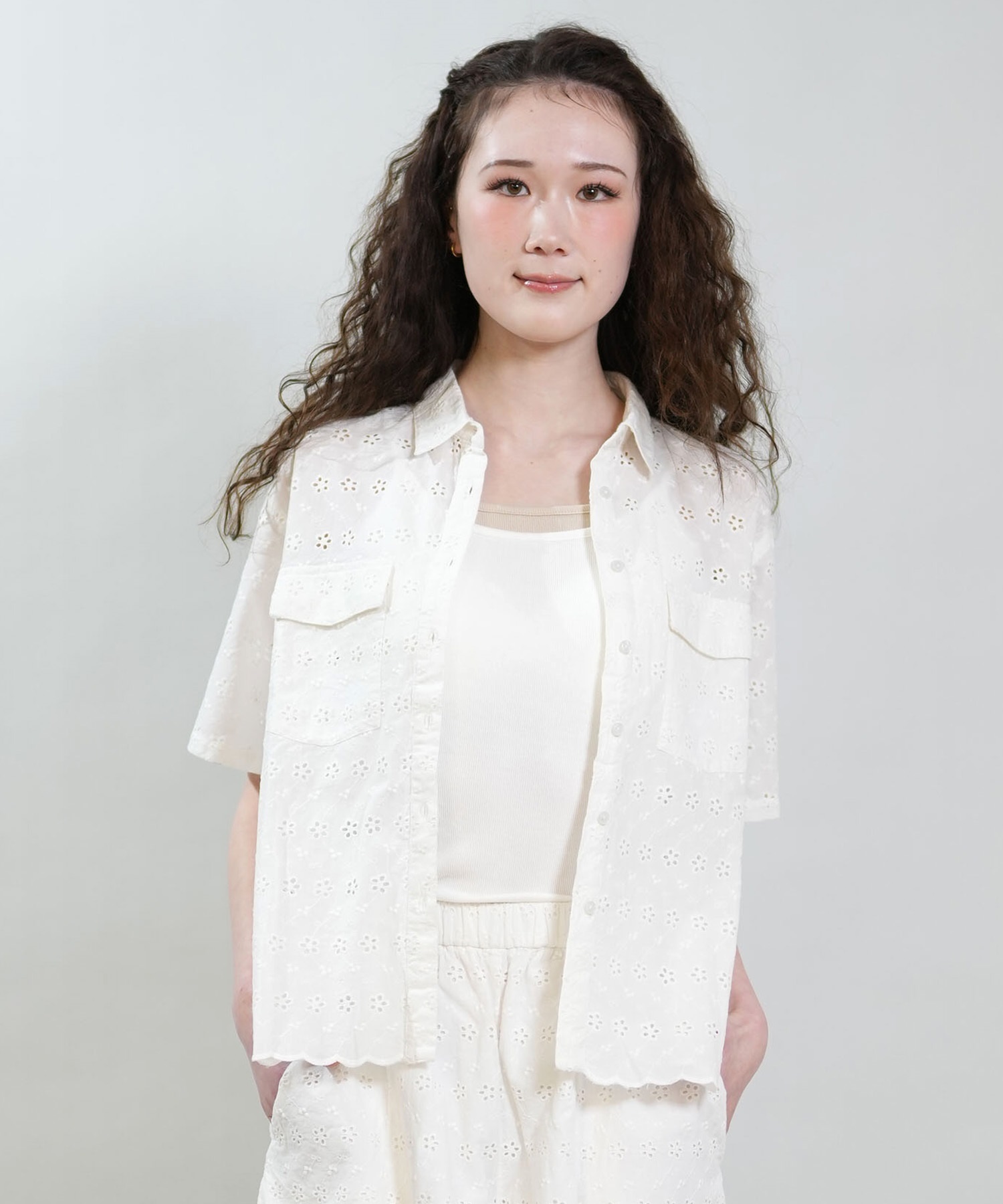 RIKKA FEMME リッカファム 半袖 シャツ レディース レース刺繍 セットアップ対応 RF6S-2401(WHT-FREE)