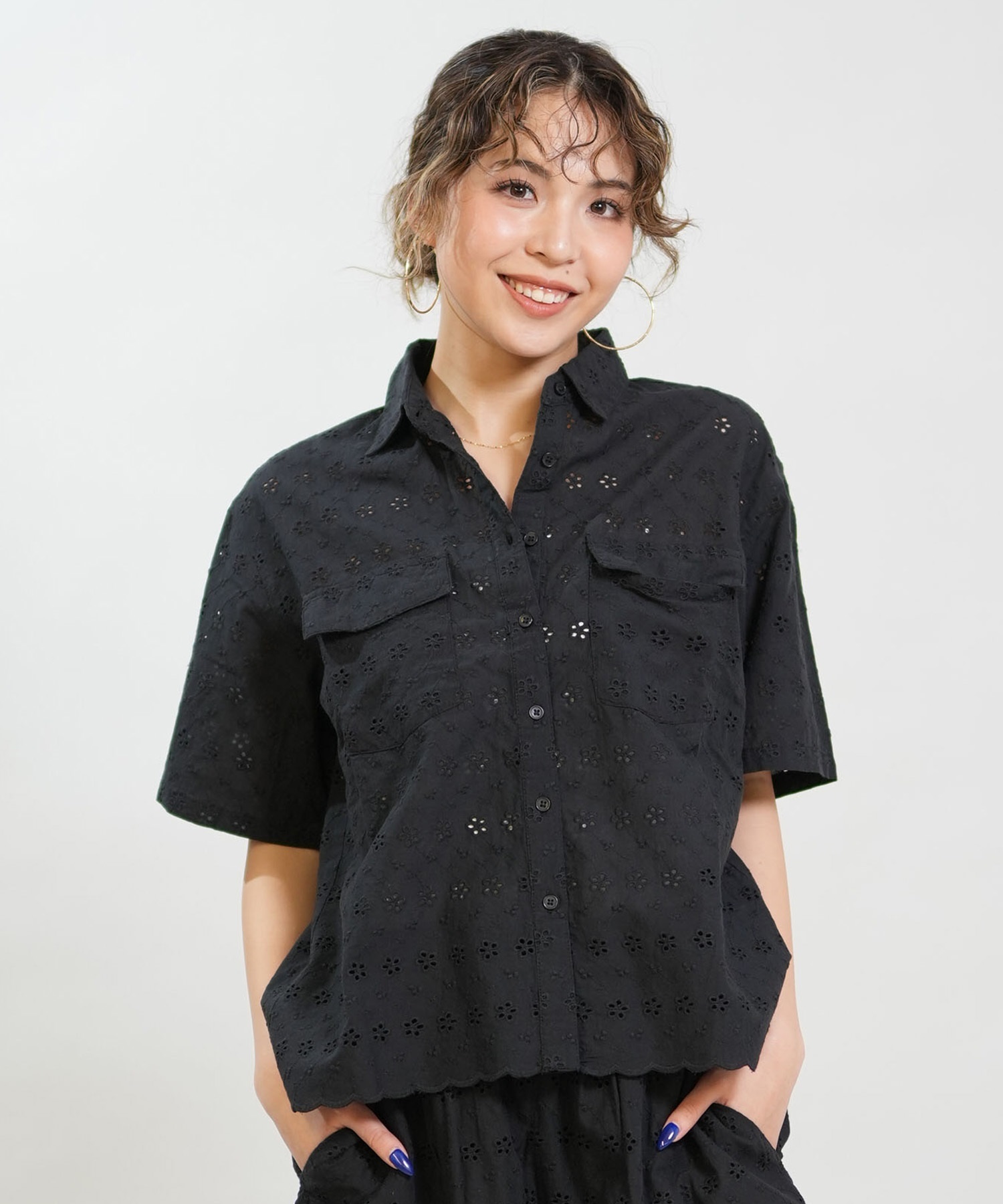 RIKKA FEMME リッカファム 半袖 シャツ レディース レース刺繍 セットアップ対応 RF6S-2401(WHT-FREE)