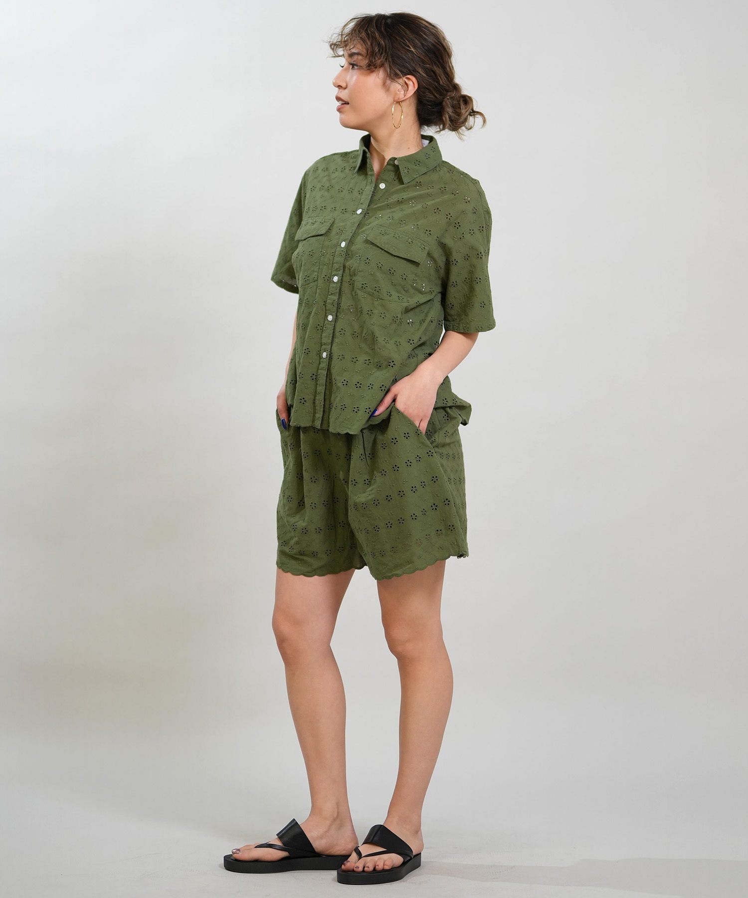 RIKKA FEMME リッカファム 半袖 シャツ レディース レース刺繍 セットアップ対応 RF6S-2401(WHT-FREE)