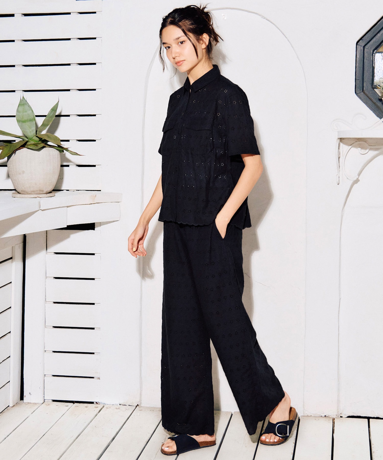 RIKKA FEMME リッカファム 半袖 シャツ レディース レース刺繍 セットアップ対応 RF6S-2401(WHT-FREE)