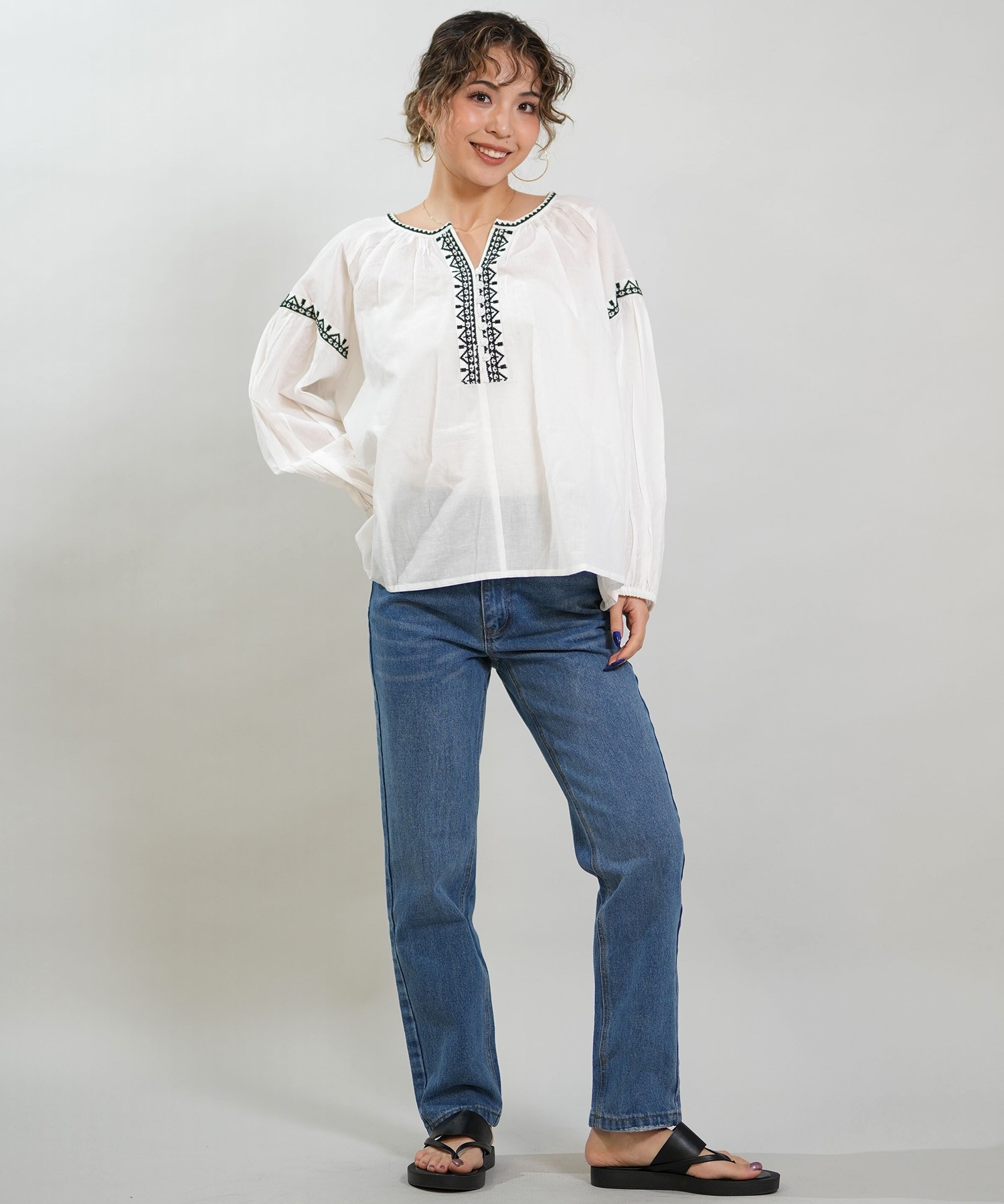 RIKKA FEMME リッカファム 長袖 シャツ レディース ブラウス 刺繍 キーネック RF6S-2601(WHT-FREE)