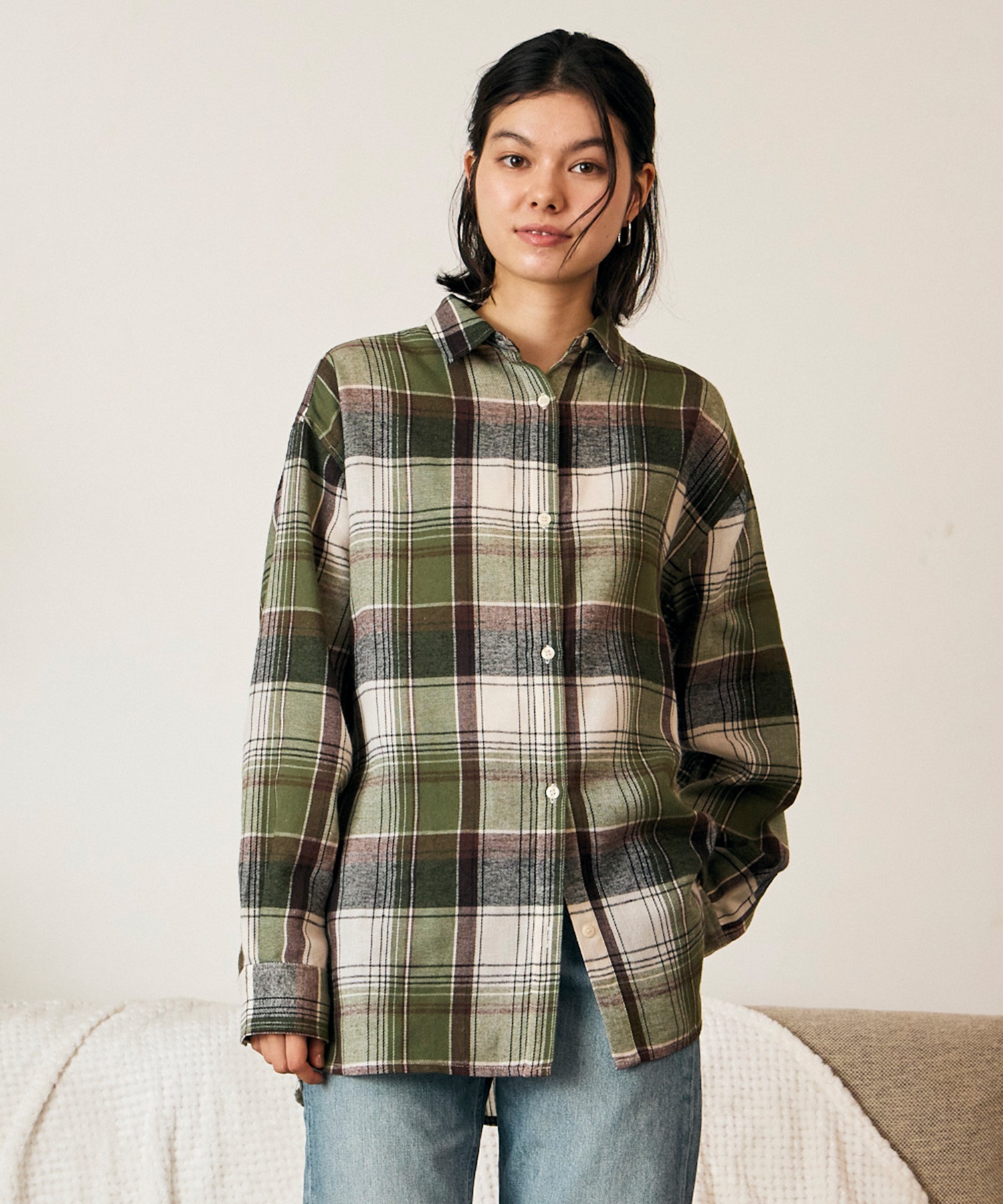 RIKKA FEMME リッカファム 長袖 シャツ レディース チェック柄 ネルシャツ ウエストリボン RF6F-2602(KHA-FREE)