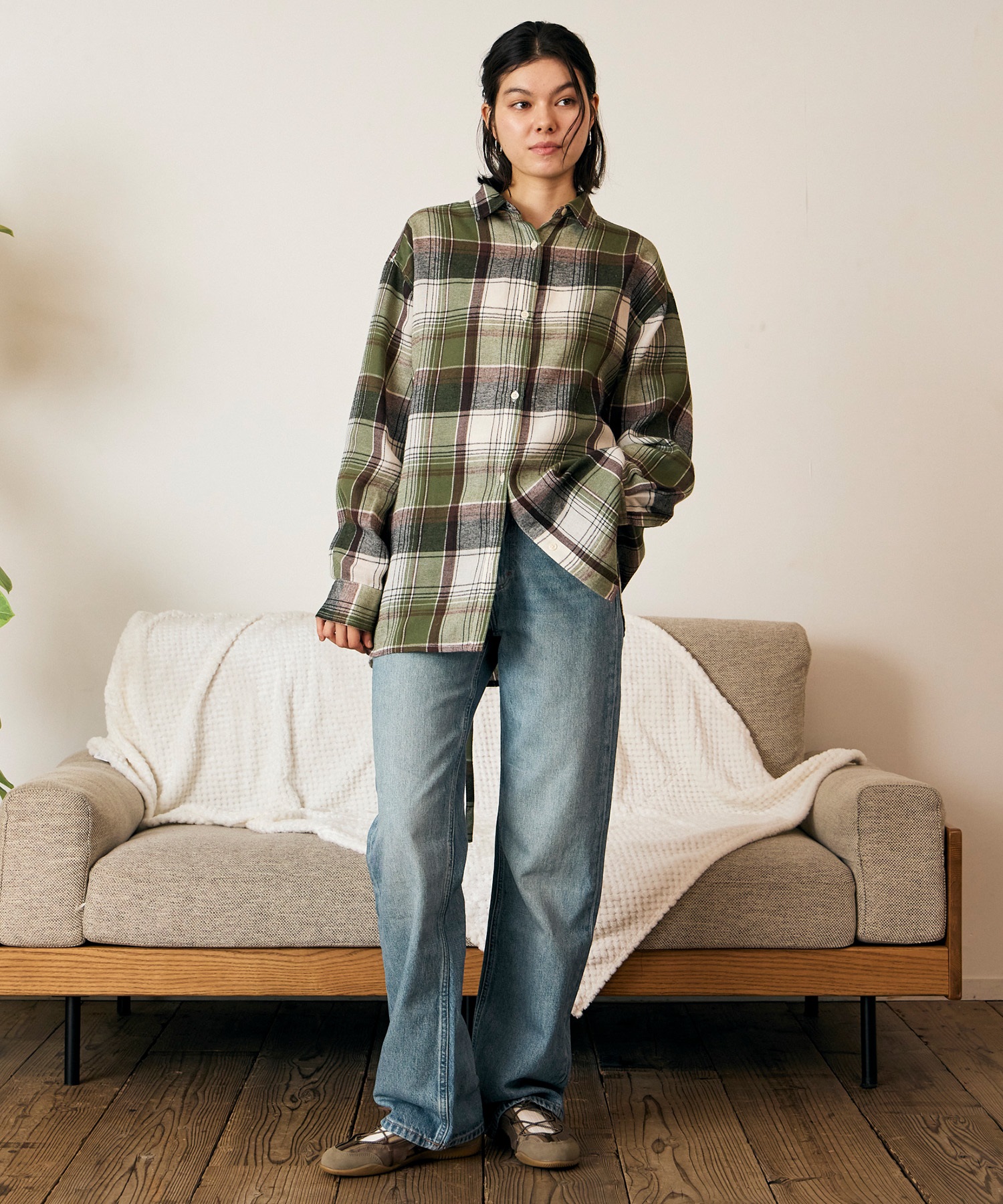 RIKKA FEMME リッカファム 長袖 シャツ レディース チェック柄 ネルシャツ ウエストリボン RF6F-2602(KHA-FREE)