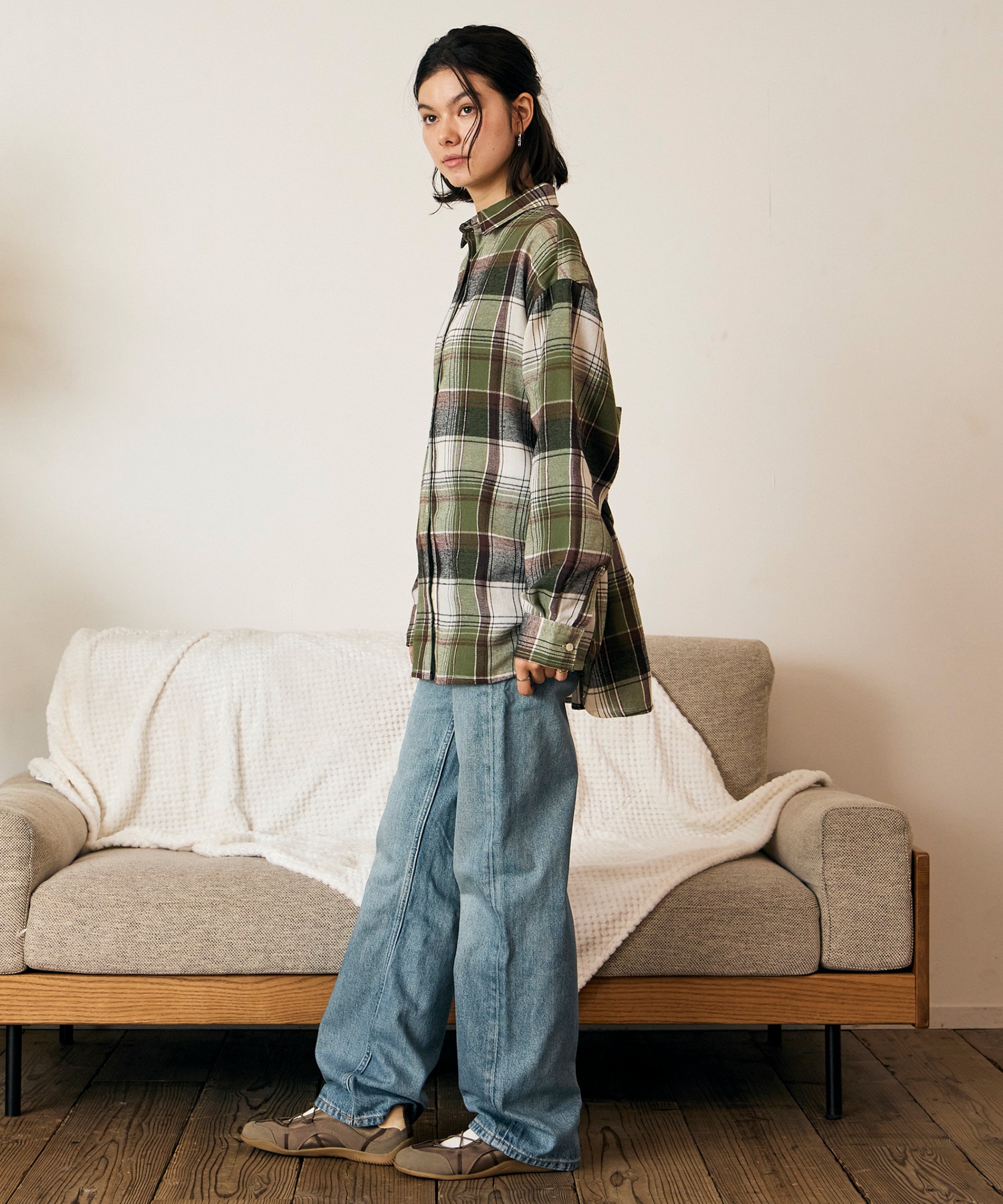 RIKKA FEMME リッカファム 長袖 シャツ レディース チェック柄 ネルシャツ ウエストリボン RF6F-2602(KHA-FREE)