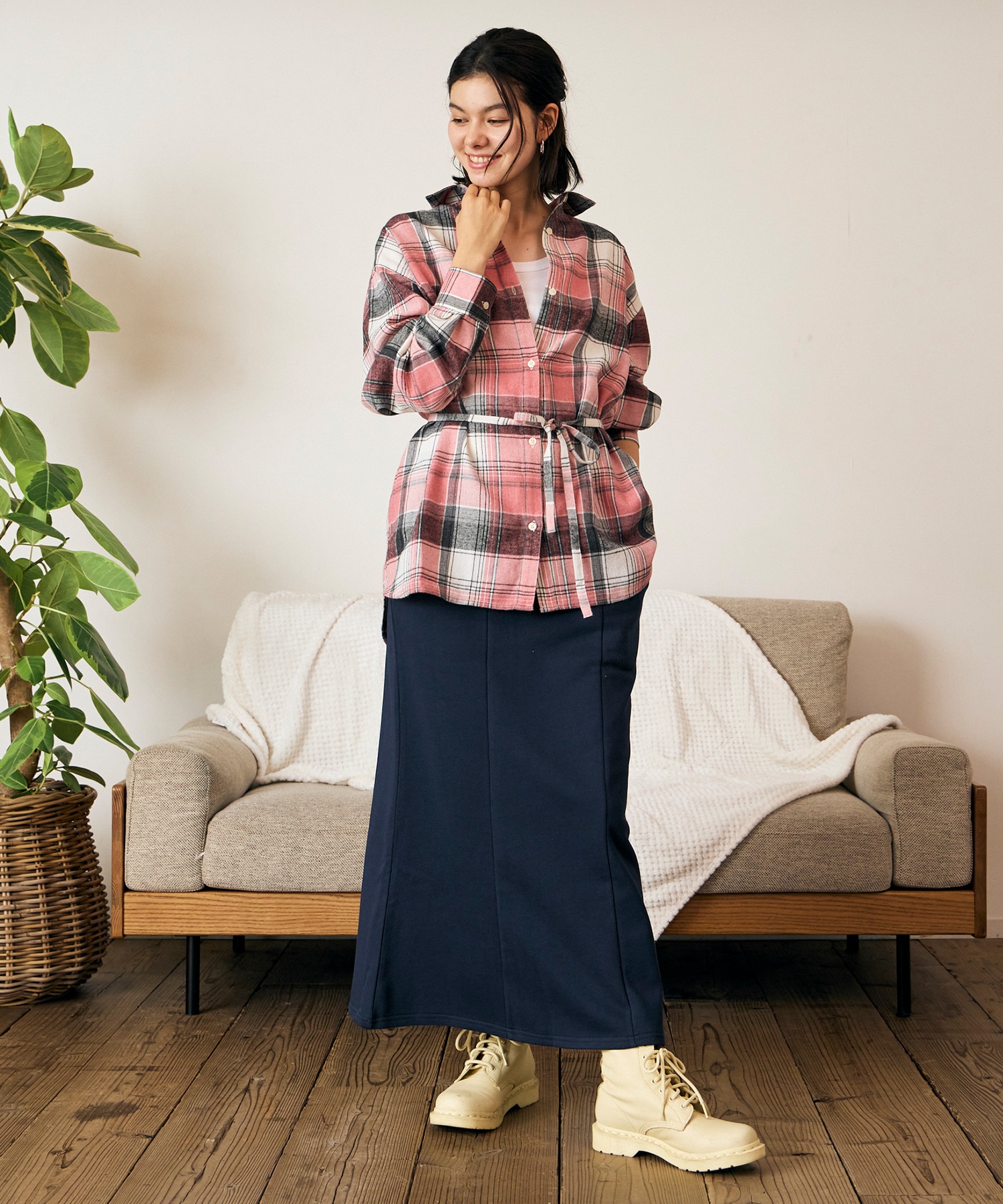 RIKKA FEMME リッカファム 長袖 シャツ レディース チェック柄 ネルシャツ ウエストリボン RF6F-2602(KHA-FREE)