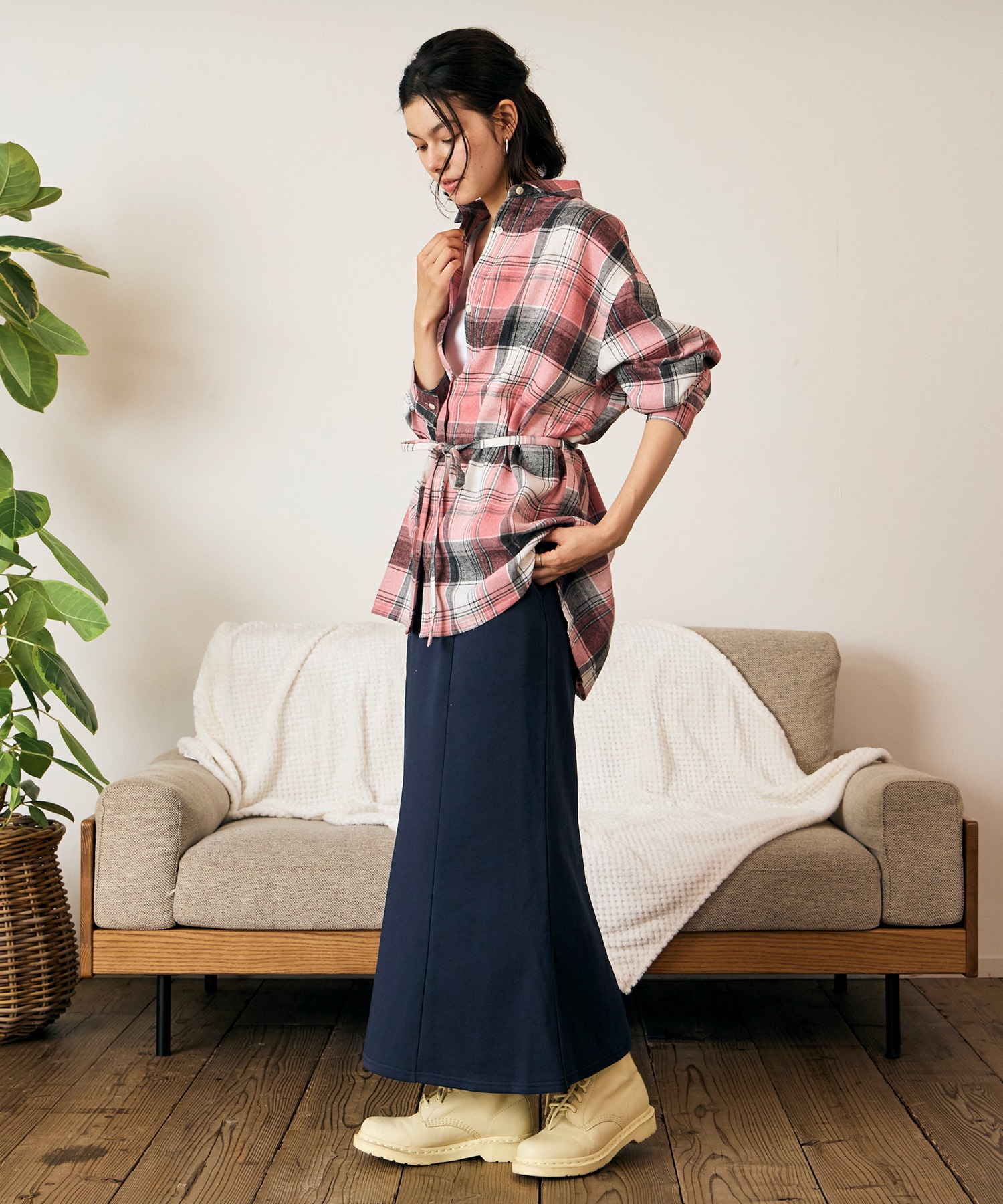 RIKKA FEMME リッカファム 長袖 シャツ レディース チェック柄 ネルシャツ ウエストリボン RF6F-2602(KHA-FREE)
