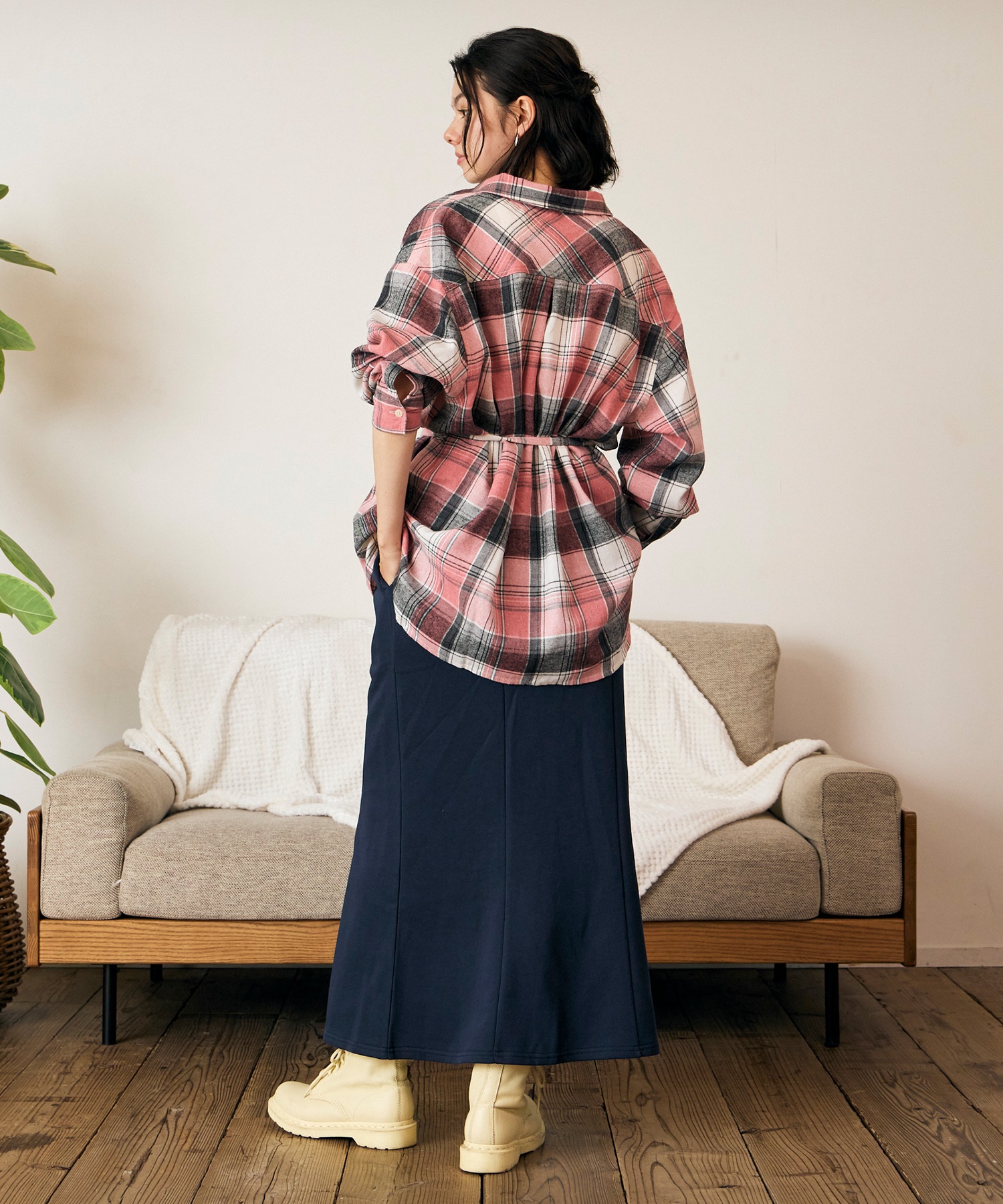 RIKKA FEMME リッカファム 長袖 シャツ レディース チェック柄 ネルシャツ ウエストリボン RF6F-2602(KHA-FREE)