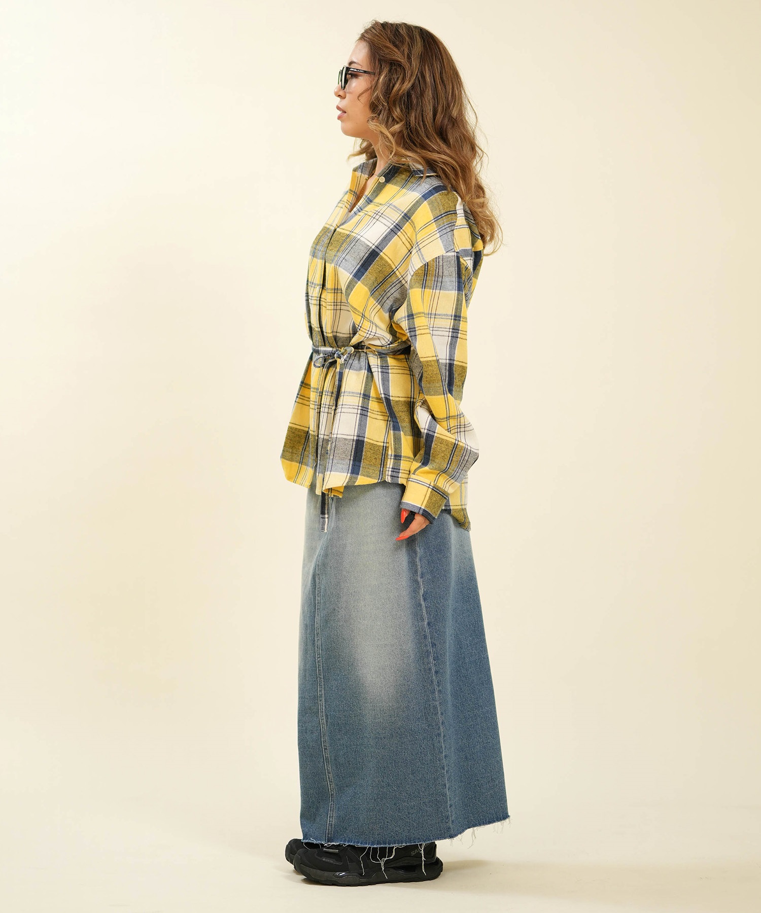 RIKKA FEMME リッカファム 長袖 シャツ レディース チェック柄 ネルシャツ ウエストリボン RF6F-2602(KHA-FREE)