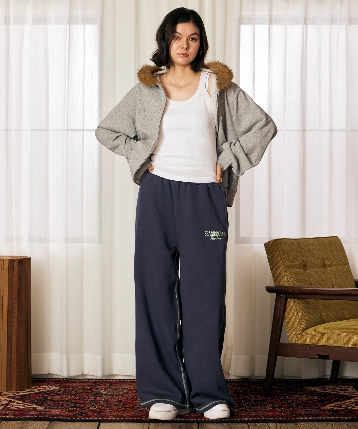RIKKA FEMME リッカファム ロングパンツ レディース スウェット ロゴ刺繍 裏毛 配色ステッチ セットアップ対応 RF6F-3103(WHT-FREE)