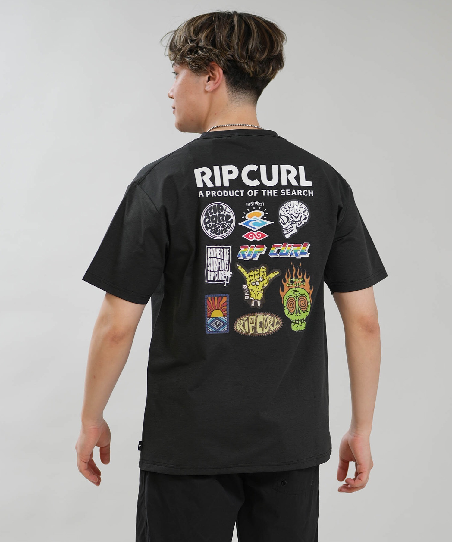 RIP CURL リップカール 半袖 Tシャツ メンズ UVカット STICKER ICON RASH RCM6S-4306(BLK-M)