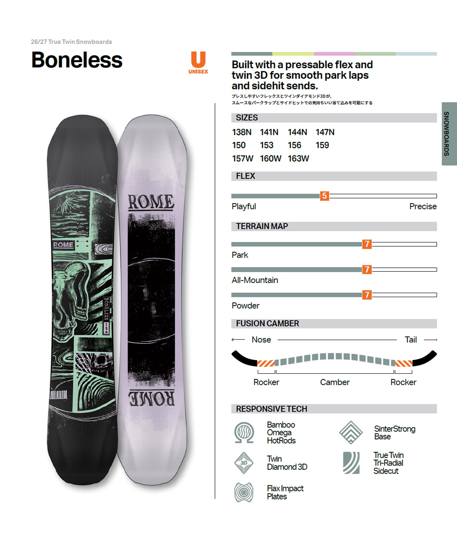 ROME SDS ローム ボーンレス BONELESS スノーボード 板 トゥルーツイン