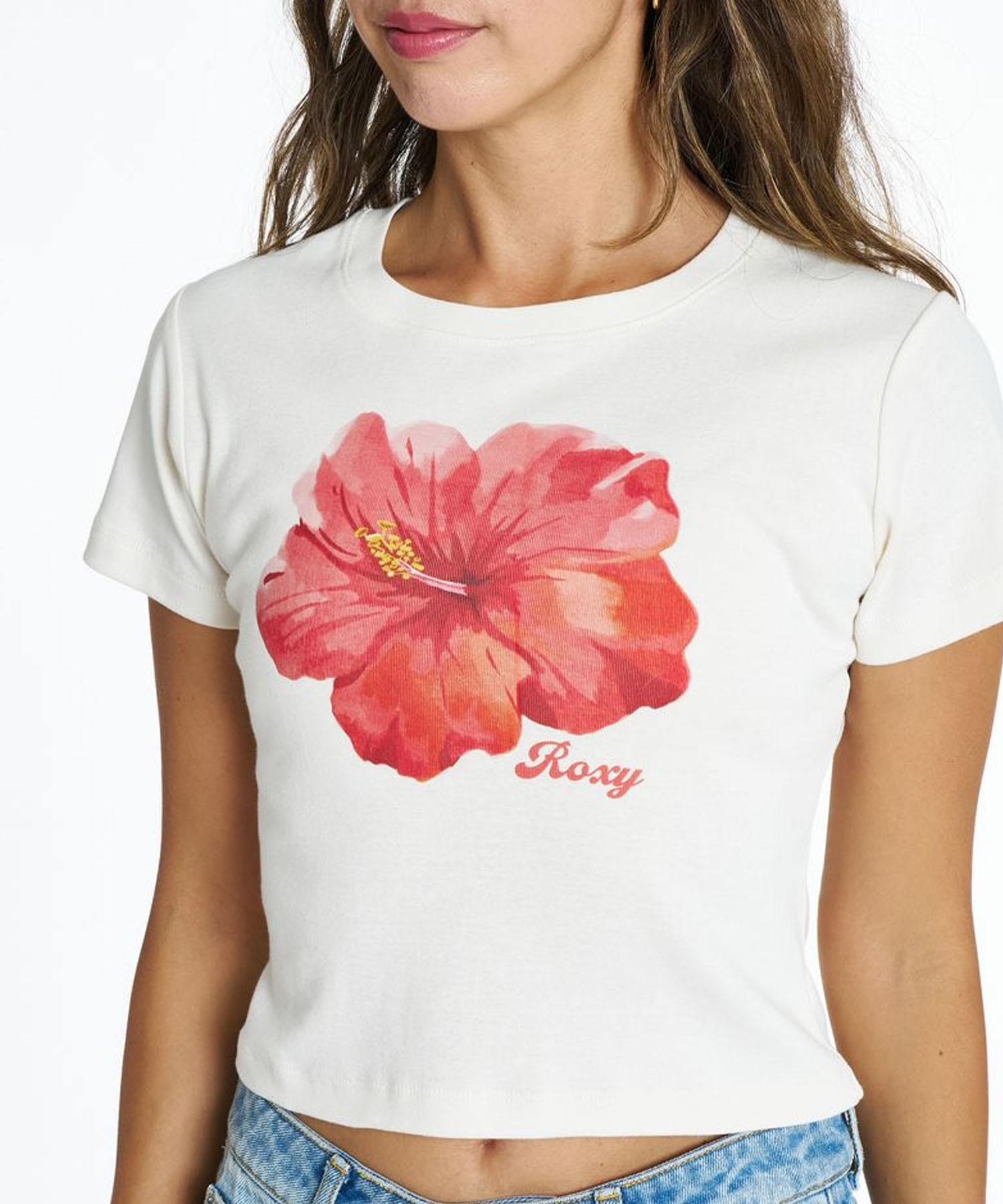 ROXY ロキシー 半袖 Tシャツ レディース 花 ハイビスカス ショート丈
