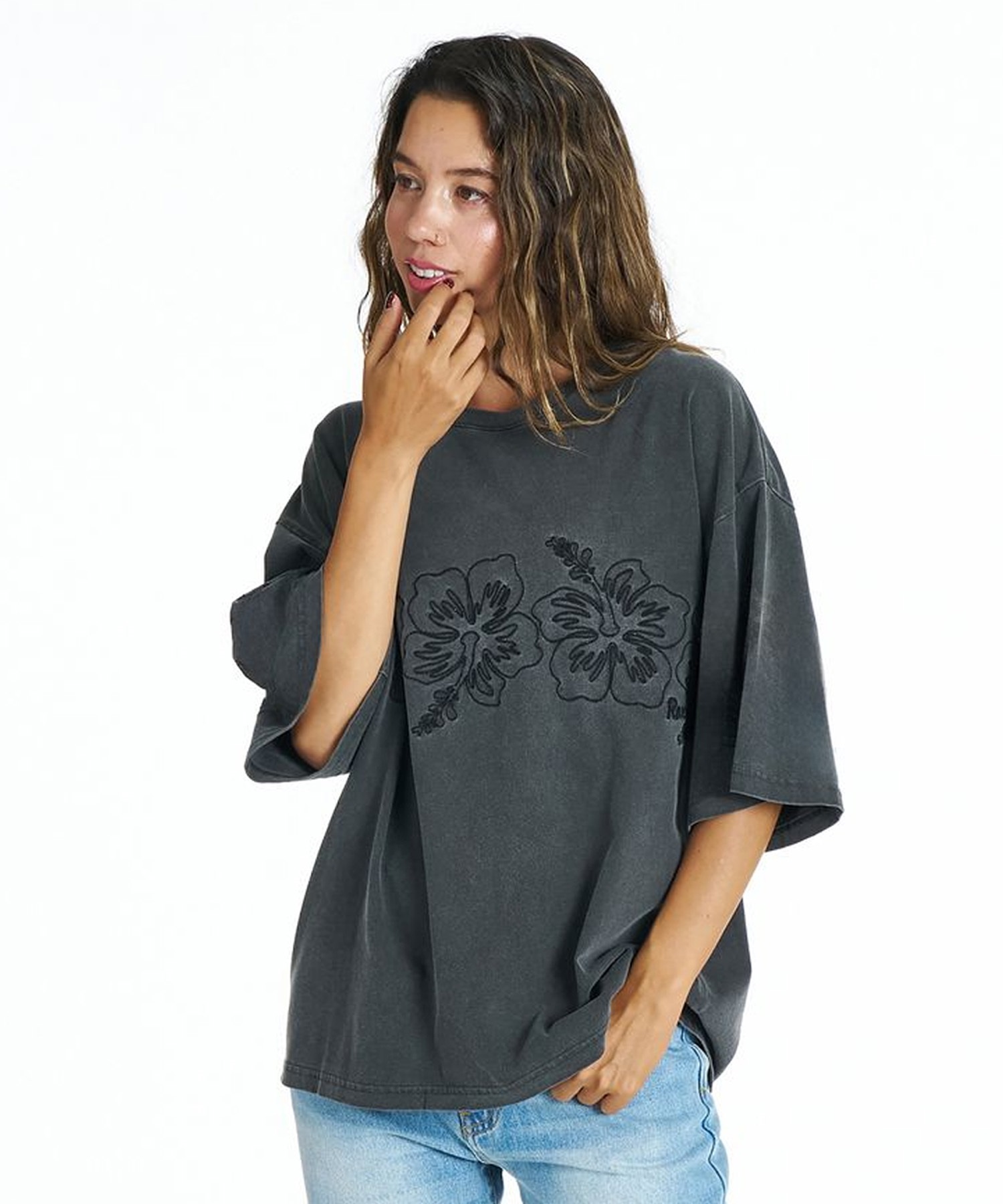 ROXY ロキシー 半袖 Tシャツ レディース ハイビスカス 刺繍 BREAK LINE