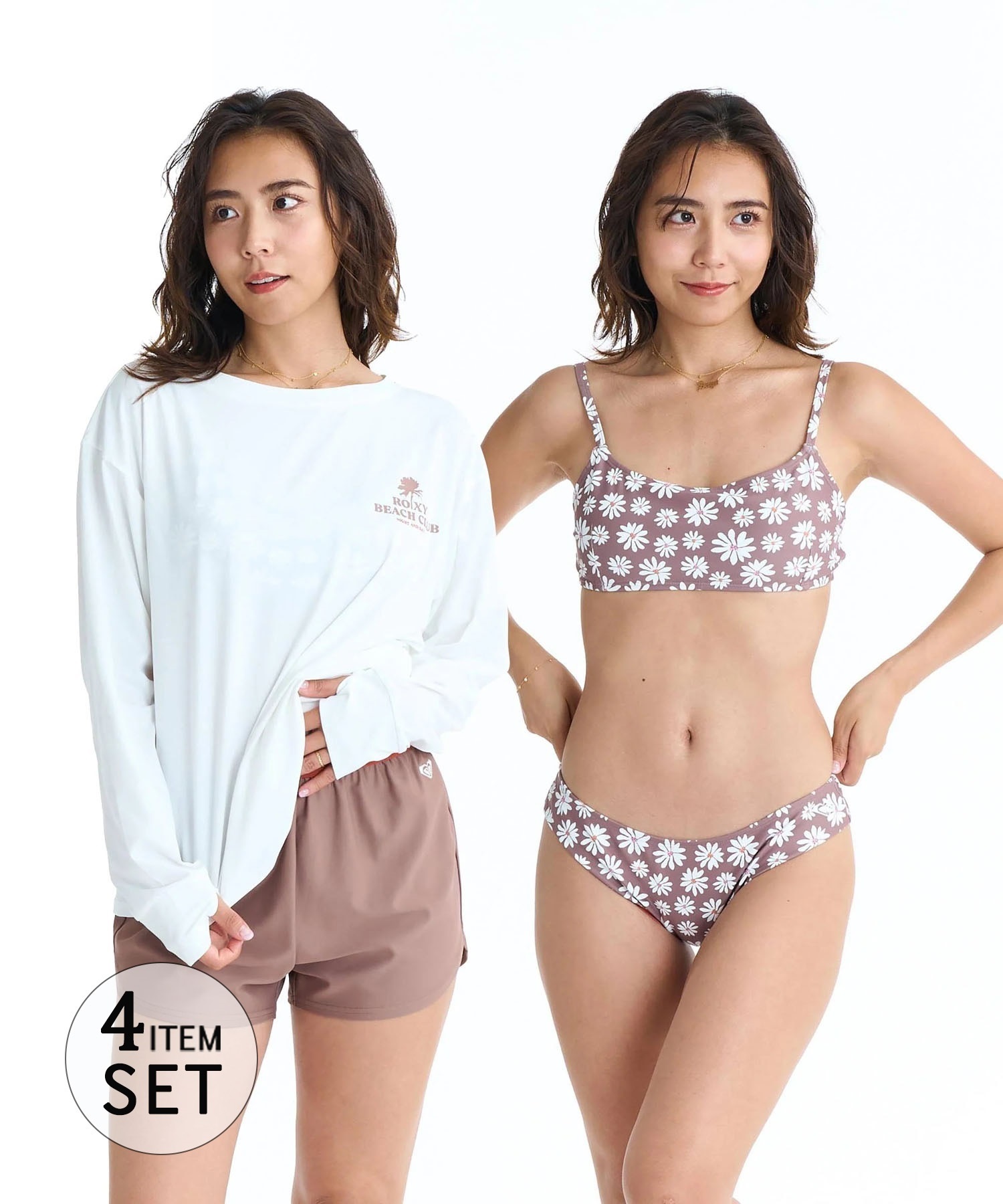 ROXY ロキシー 水着 4点セット ビキニ レディース 花柄 長袖ラッシュ