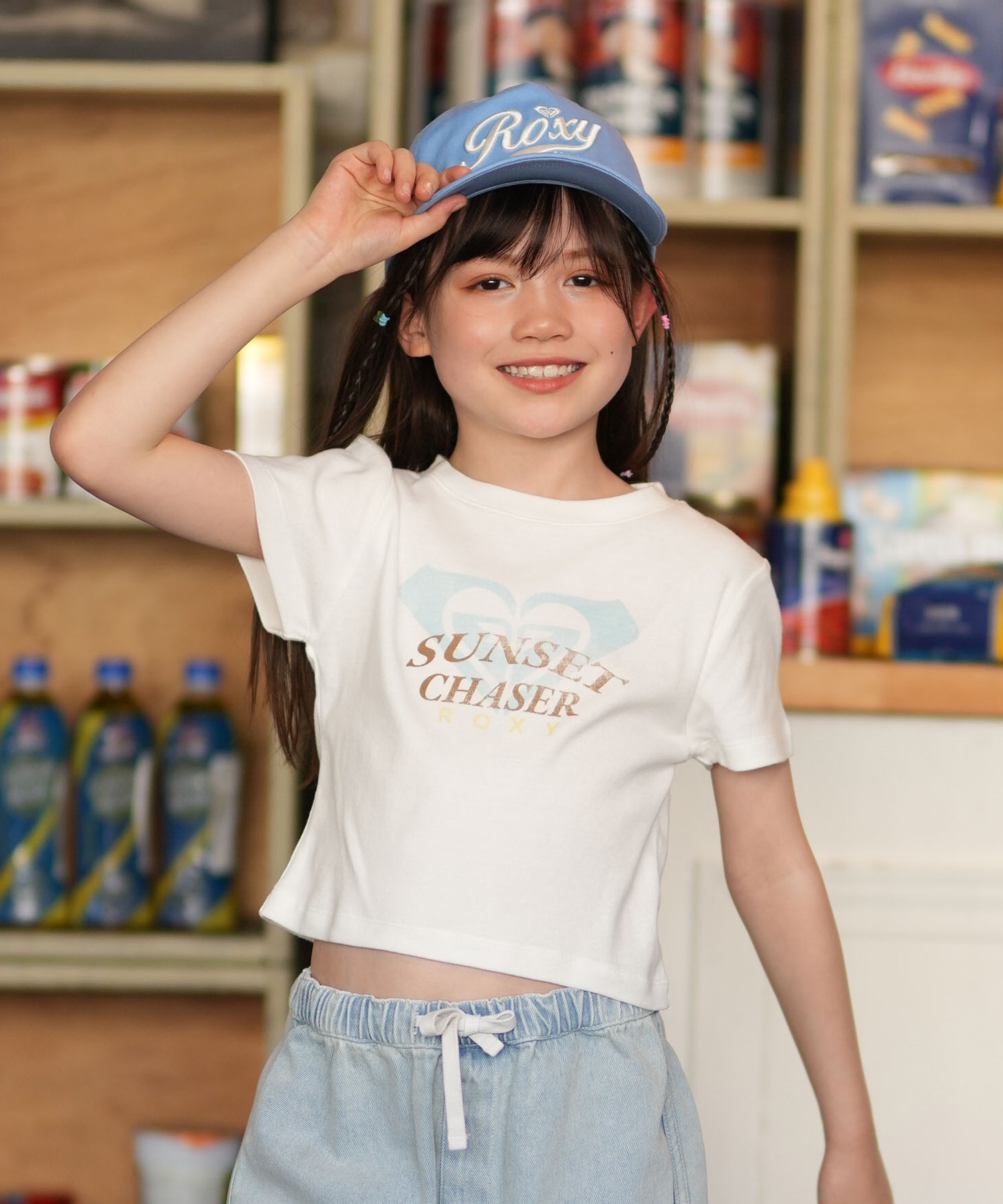 ROXY ロキシー 半袖 Tシャツ キッズ ジュニア ショート丈 MINI SUNSET CHASER TST261661M ムラサキスポーツ限定(NVY-130cm)