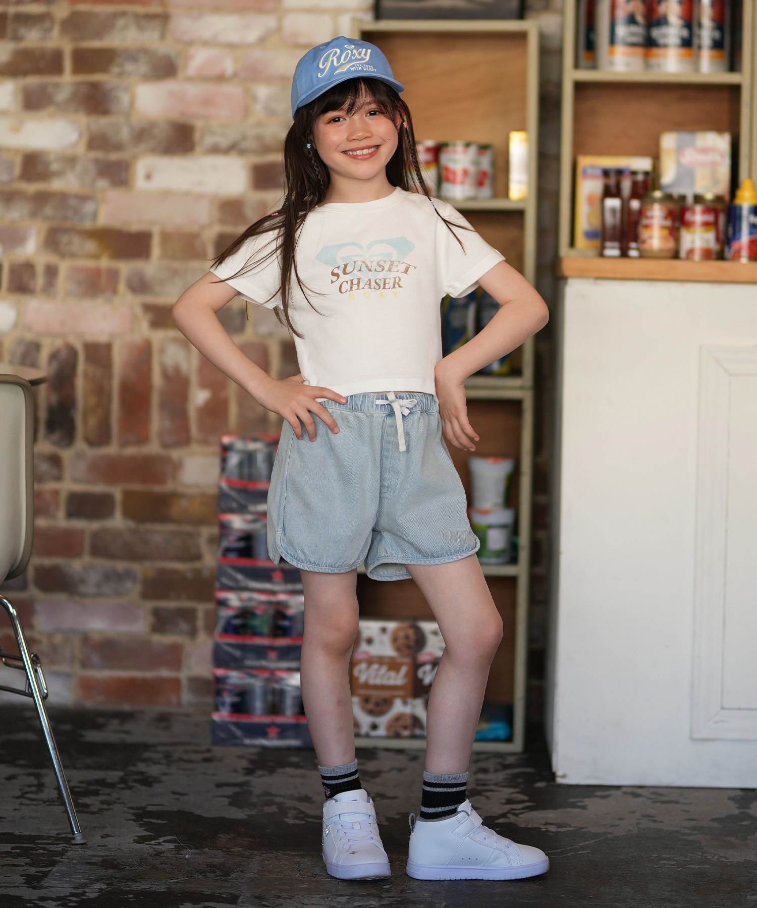 ROXY ロキシー 半袖 Tシャツ キッズ ジュニア ショート丈 MINI SUNSET CHASER TST261661M ムラサキスポーツ限定(NVY-130cm)