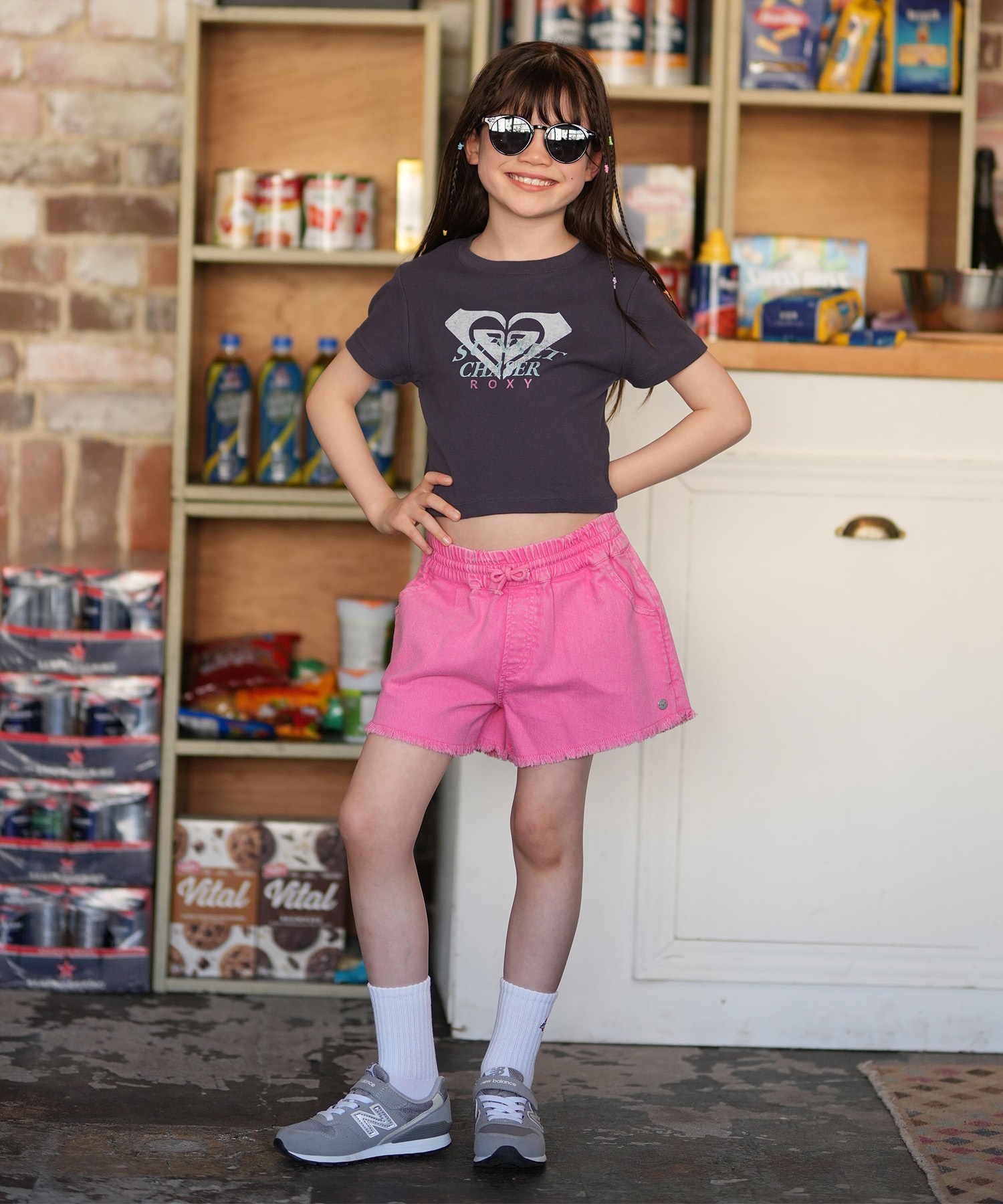 ROXY ロキシー 半袖 Tシャツ キッズ ジュニア ショート丈 MINI SUNSET CHASER TST261661M ムラサキスポーツ限定(NVY-130cm)