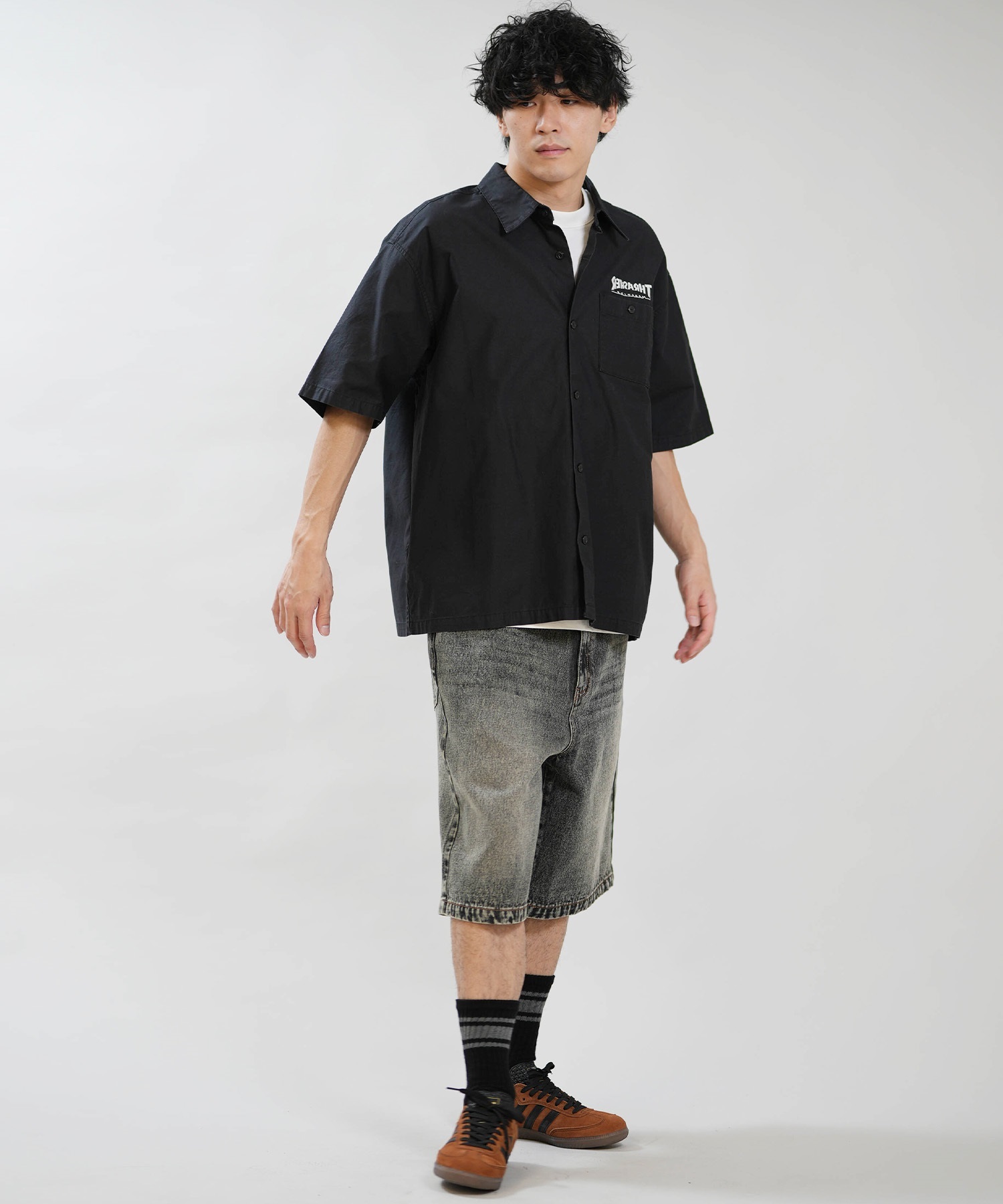 THRASHER スラッシャー 半袖 シャツ メンズ バックプリント 古着風 ヴィンテージ加工 262TH1SH090(GRY-M)