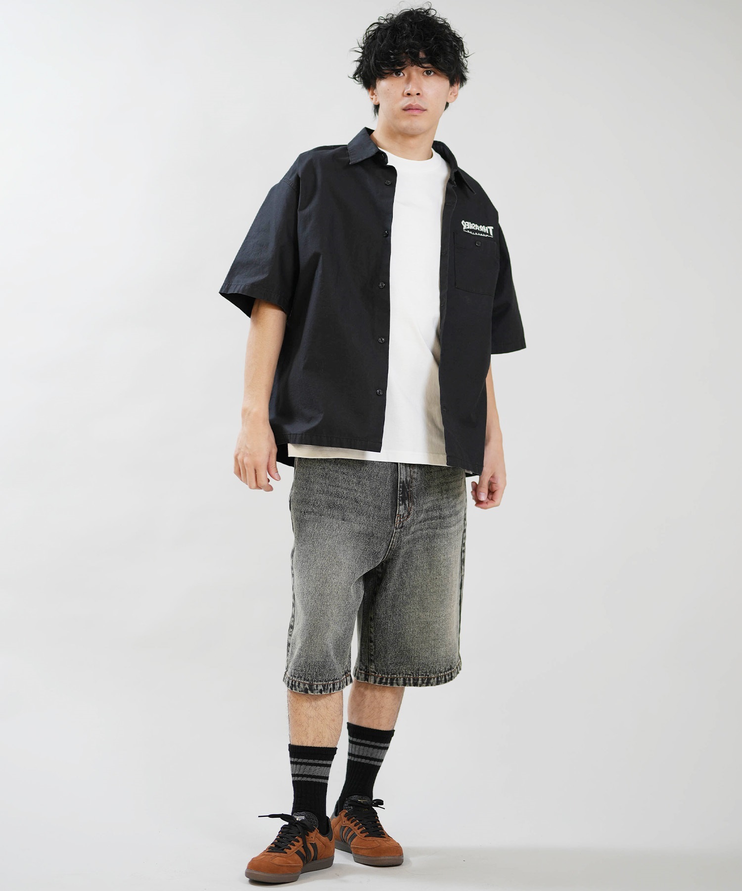 THRASHER スラッシャー 半袖 シャツ メンズ バックプリント 古着風 ヴィンテージ加工 262TH1SH090(GRY-M)