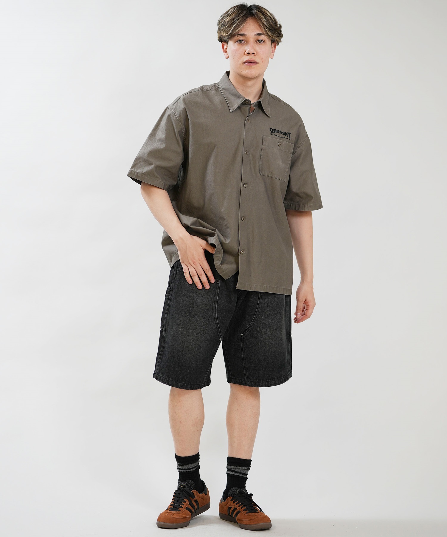 THRASHER スラッシャー 半袖 シャツ メンズ バックプリント 古着風 ヴィンテージ加工 262TH1SH090(GRY-M)