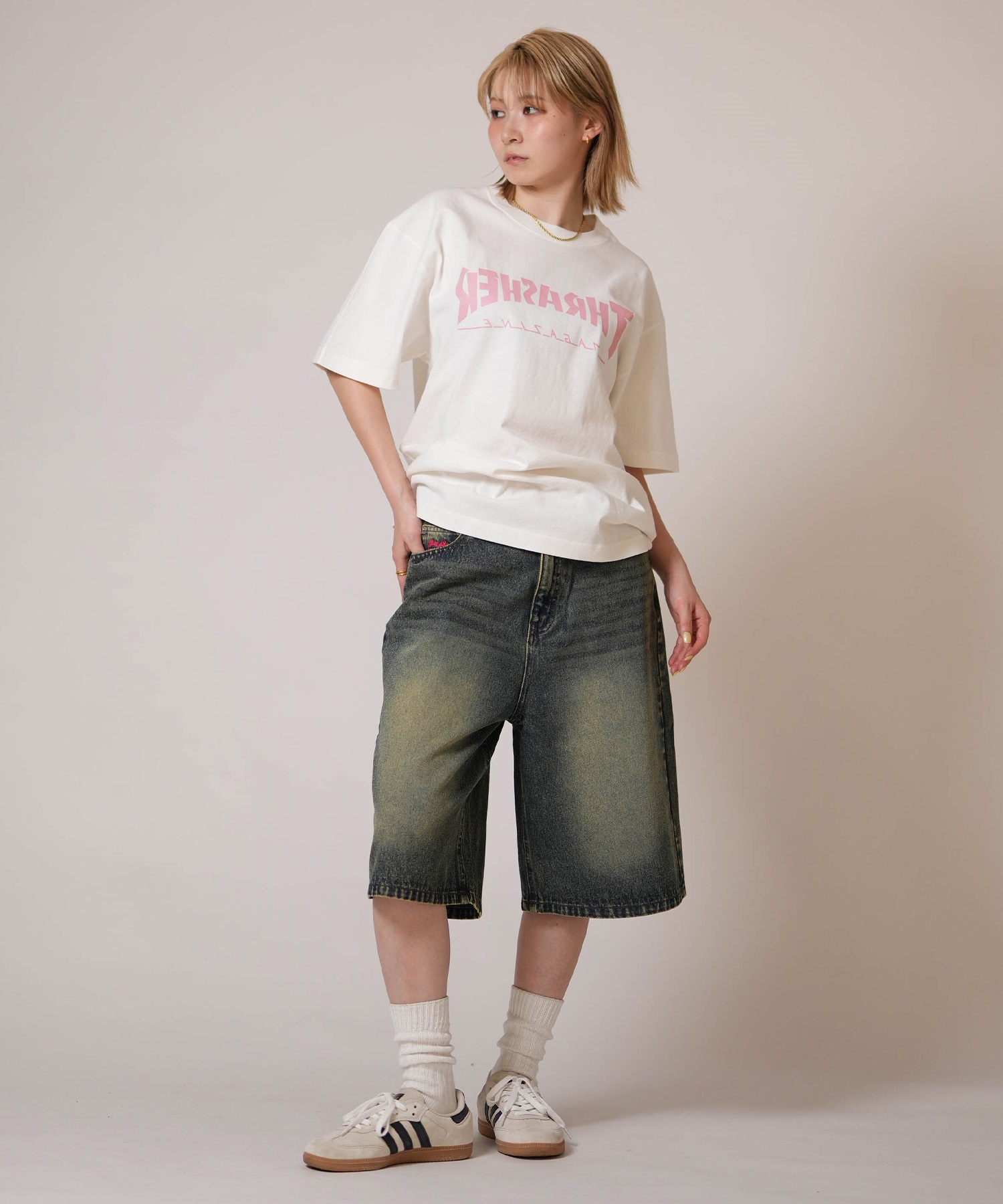 80sHanesボディーTHRASHER MAGAZINEスウェットハーフパンツ THRASHER スラッシャー ハーフパンツ レディース デニム Gパン