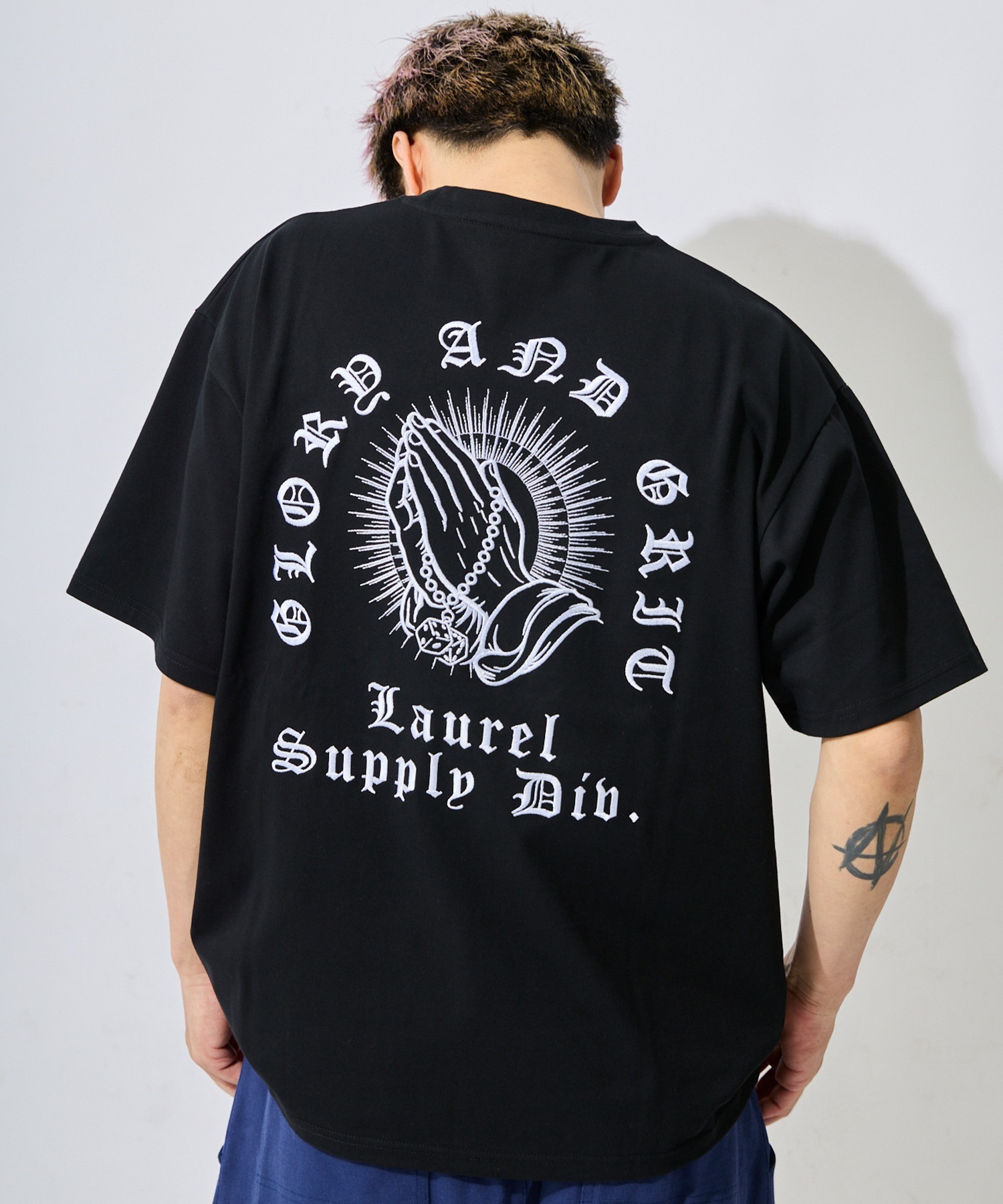 DEAR LAUREL ディアローレル 半袖 Tシャツ メンズ バックプリント LETTER SOUL PRAYING HAND DL26S-2104(WHT-M)