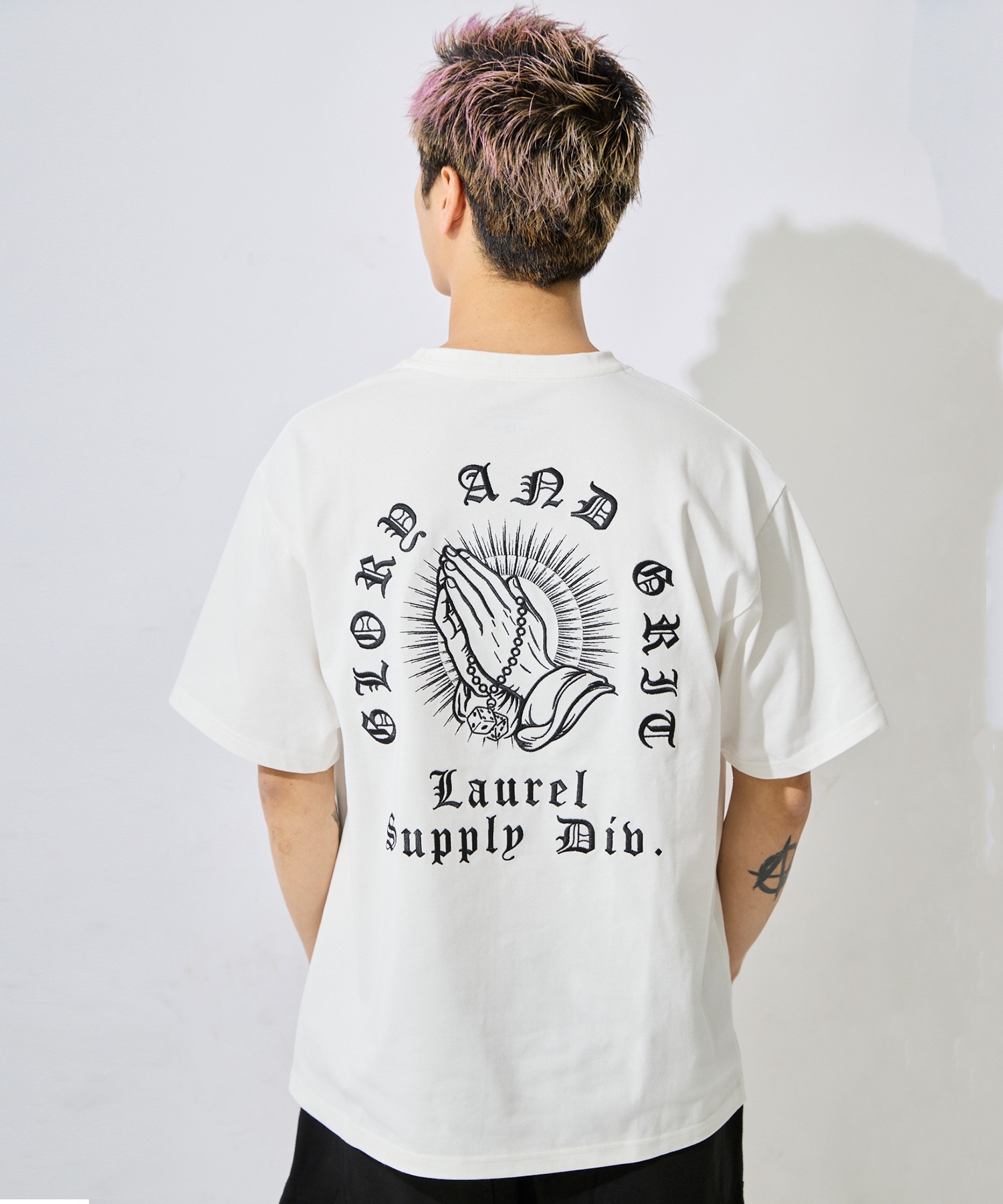 DEAR LAUREL ディアローレル 半袖 Tシャツ メンズ バックプリント LETTER SOUL PRAYING HAND DL26S-2104(WHT-M)
