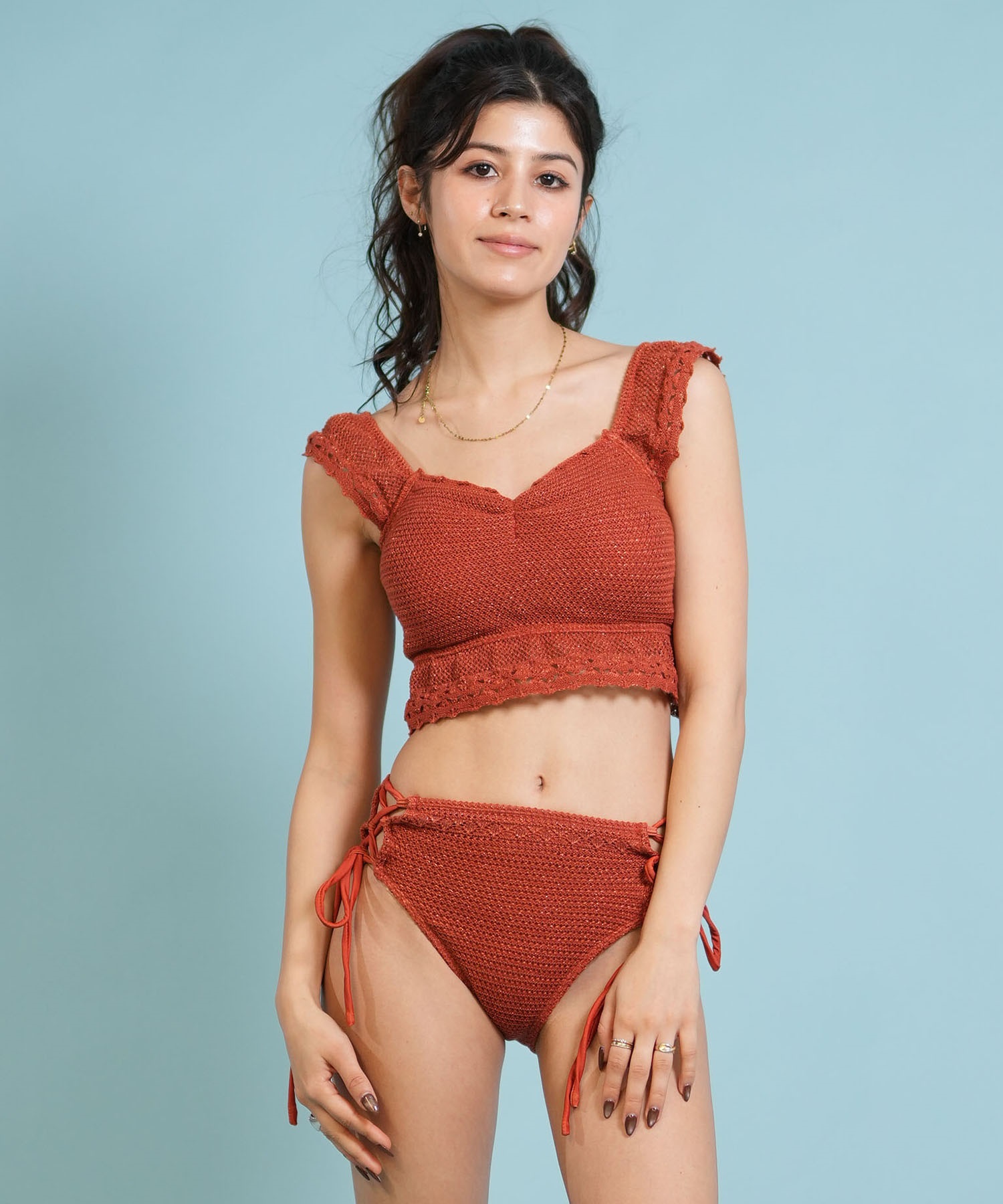【完売商品】フリルレースビキニ ネイビー ニットビキニ赤セット Beach Queen ビーチクイーン 水着 ビキニ レディース ラメ ニット