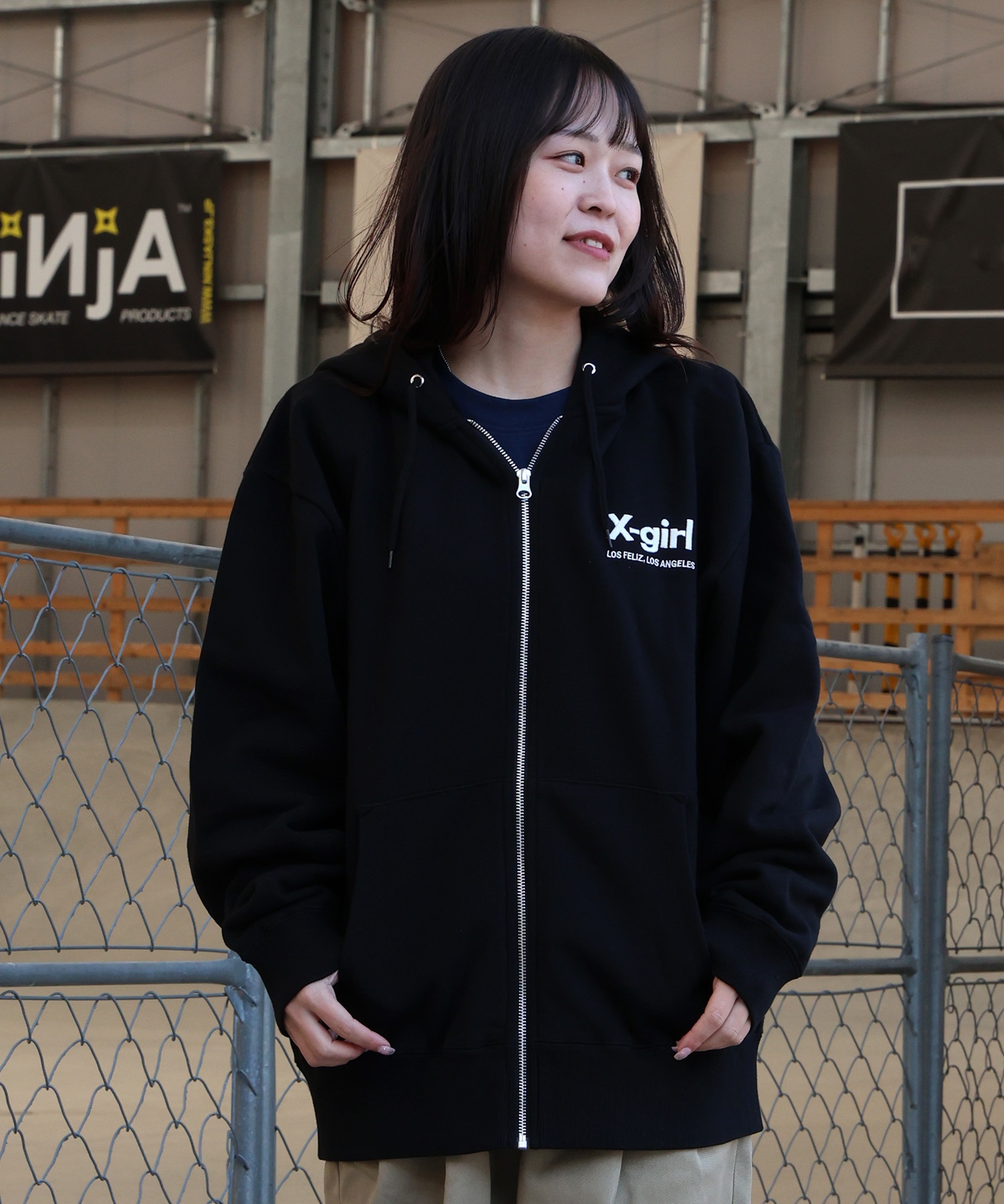X-GIRL エックスガール ジップアップ パーカー レディース バックロゴ 裏毛 105254012027 ムラサキスポーツ限定(BLACK-S)