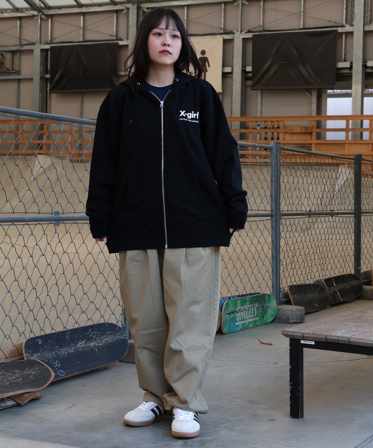 X-GIRL エックスガール ジップアップ パーカー レディース バックロゴ 裏毛 105254012027 ムラサキスポーツ限定(BLACK-S)