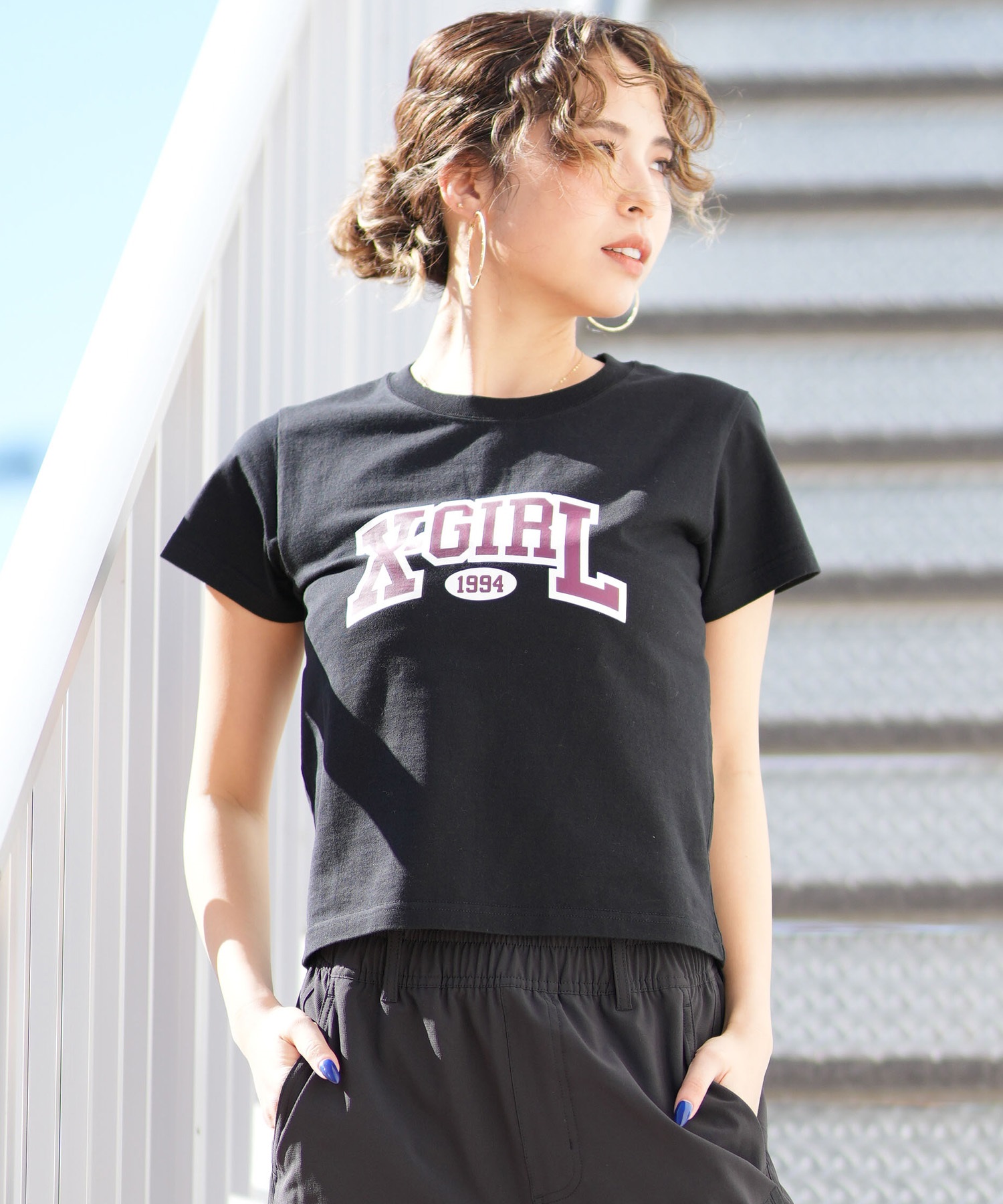 X-GIRL エックスガール 半袖 Tシャツ レディース クロップド丈