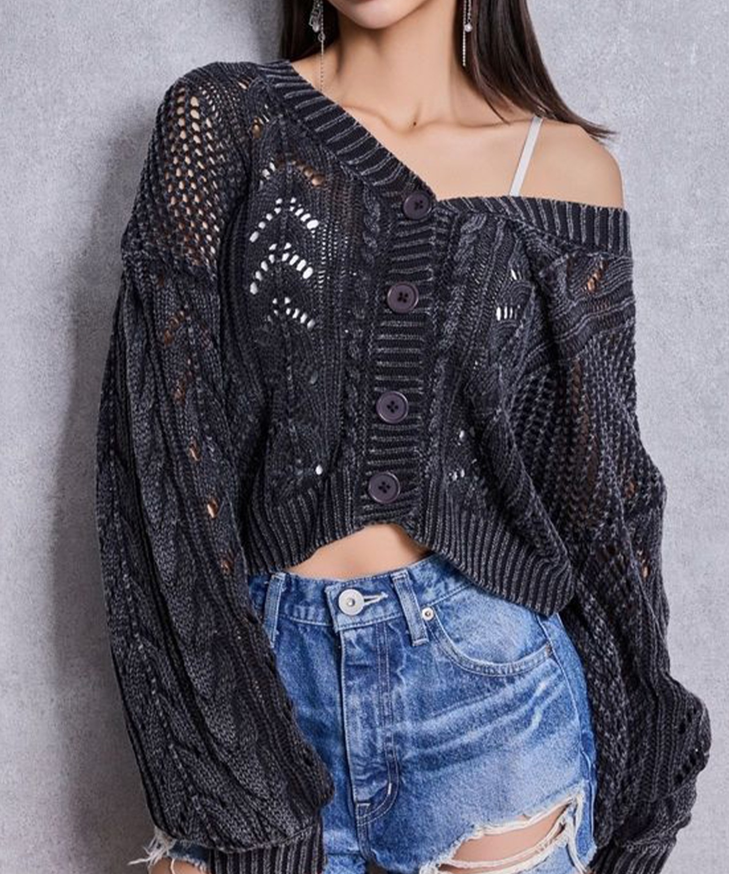GYDA ジェイダ カーディガン レディース クロップド丈 ショート丈 2WAYメッシュブリーチニットトップス 72622602201(BLK-FREE)