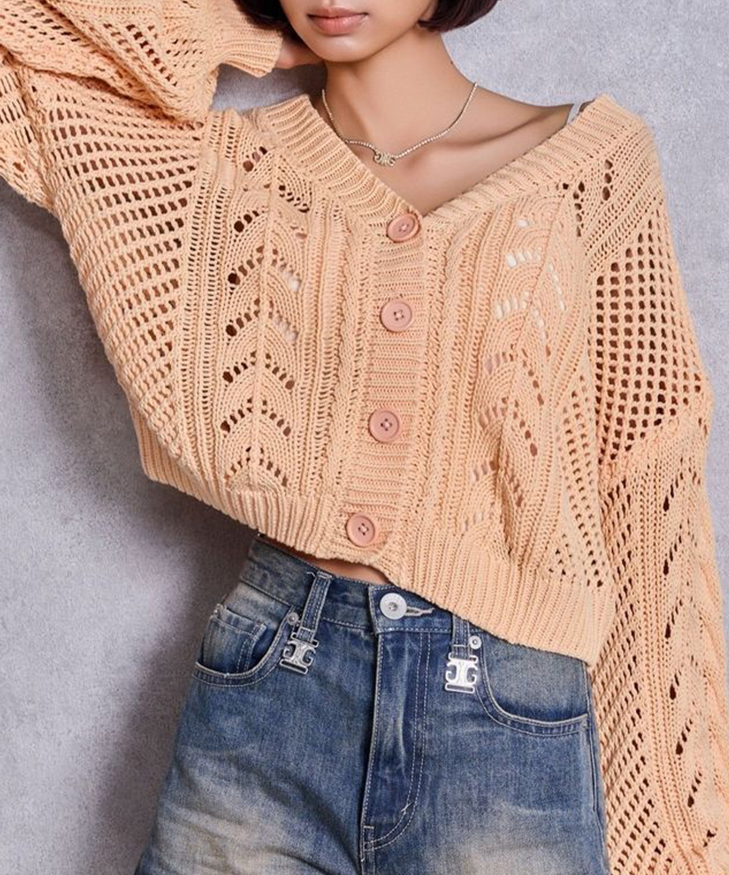 GYDA ジェイダ カーディガン レディース クロップド丈 ショート丈 2WAYメッシュブリーチニットトップス 72622602201(BLK-FREE)