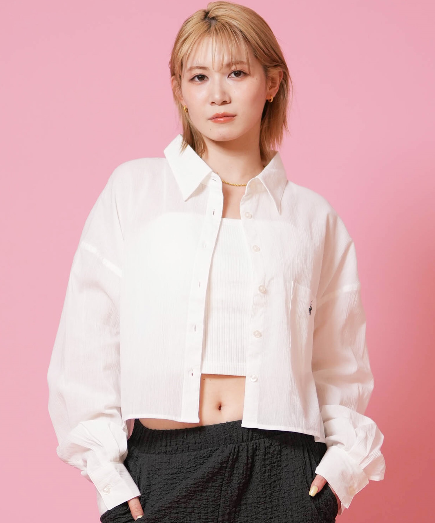ロージーモンスター　トリミングパフブラウス　新品未使用　ピンク　ホワイトシャツ BEVERY HILLS P.C ビバリーヒルズポロクラブ 長袖 シャツ レディース