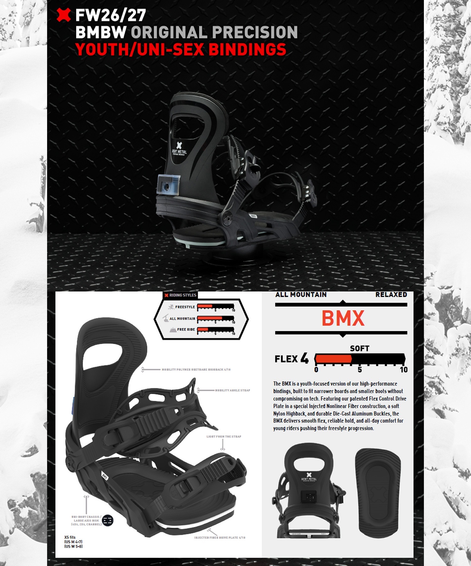 BENTMETAL ベントメタル ビーエムエックス BMX スノーボード バインディング ビンディング フリースタイル ソフトフレックス キッズ ユース ジュニア 26-27 早期購入(BLACK-XS)