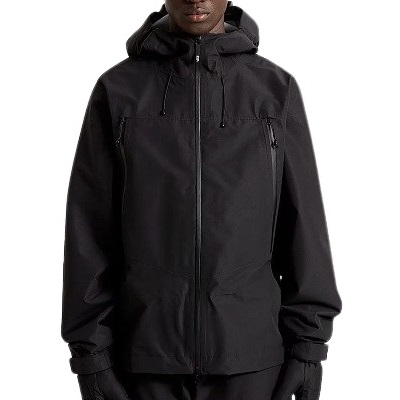 Person wearing a black hooded zip-front jacket with chest pockets, standing against a white background.