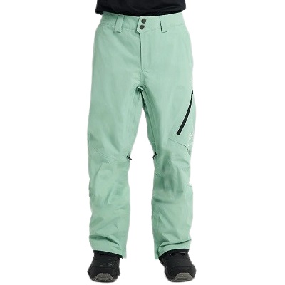 Mint green outdoor pants with black zip pocket on the thigh and reinforced knees, worn with black boots.