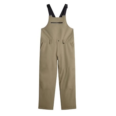 Beige bib overalls with black adjustable straps and multiple front pockets, laid flat