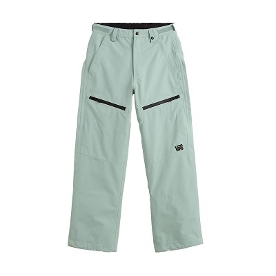 Light green cargo pants with black zip pockets on the thighs and a small Vans logo on the left leg.