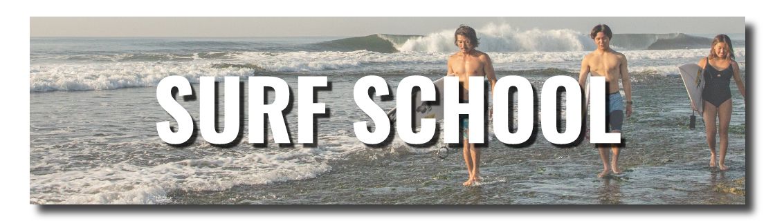 Surf school banner: three people with surfboards stand at the shallow water as large 'SURF SCHOOL' text overlays the scene.