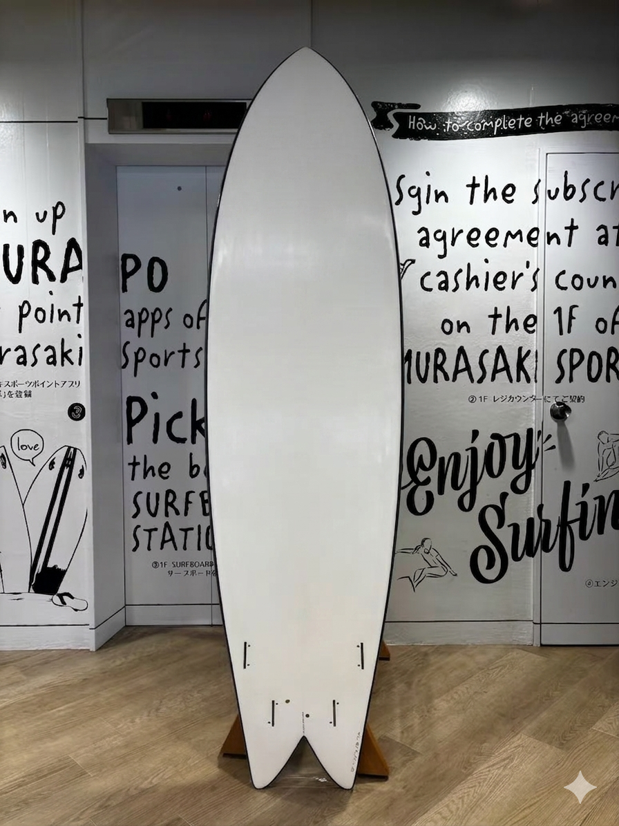 IMG_1148 - SHOP NEWS | ムラサキスポーツオンラインストア 通販 Tall white surfboard standing upright on a wooden rack in a shop with bold black wall art and text in the background.