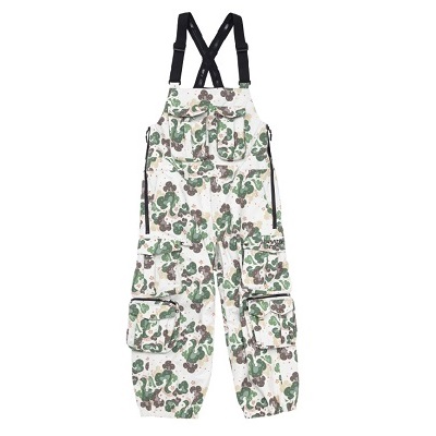 Camouflage-pattern bib overalls with black adjustable straps and multiple pockets on white background