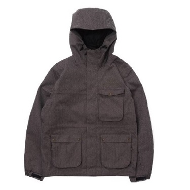 Dark brown hooded jacket with four front pockets (one chest pocket and two lower flap pockets) and a zipped front.