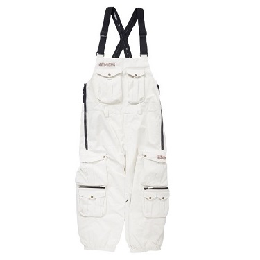 White cargo bib overalls with black adjustable suspenders and multiple front and leg pockets.