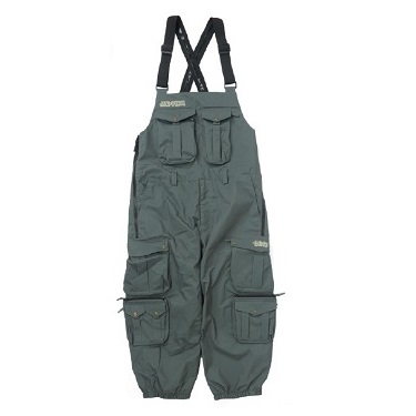 Gray cargo bib overalls with adjustable black suspenders and multiple front and leg pockets, designed for workwear.