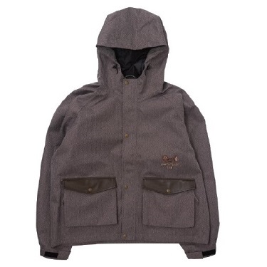 Gray hooded jacket with front zipper, two large buttoned flap pockets, and a small logo on the left chest.